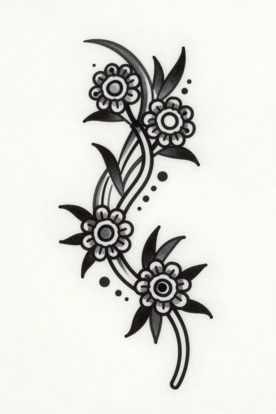 minimal henna designs art nouveau flash, bold 2-3pt outlines, three circular floral clusters, asymmetric branching tendrils, geometric dot stem accents, flat color fills no shading