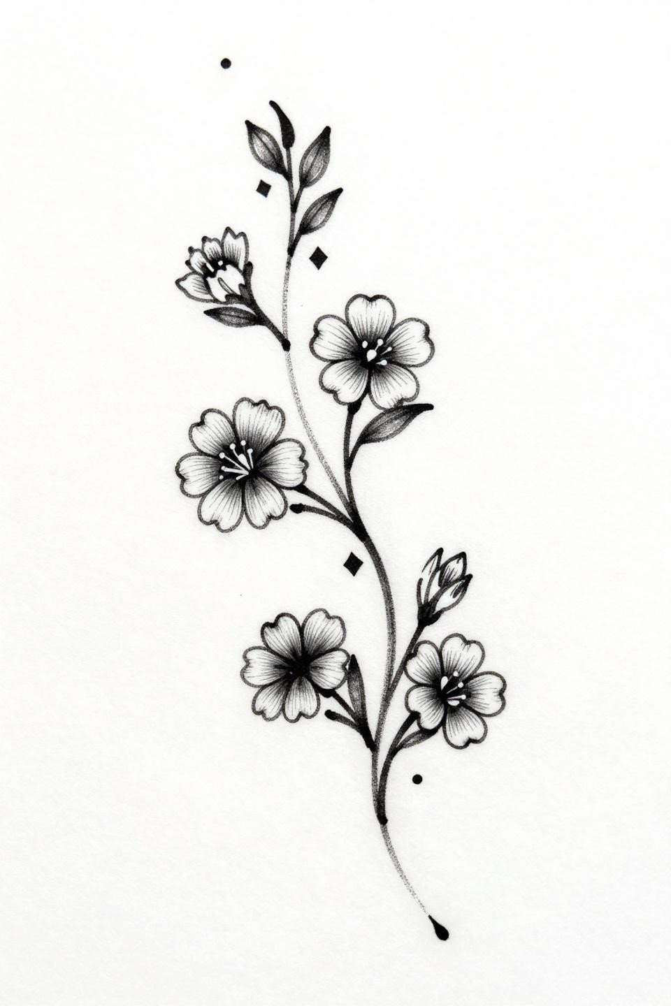 simple henna tattoo botanical scientific flash, brush and ink calligraphic marks, variable stroke weight, minimalist vine three clustered flowers, geometric diamond spacers, continuous asymmetric diagonal flow