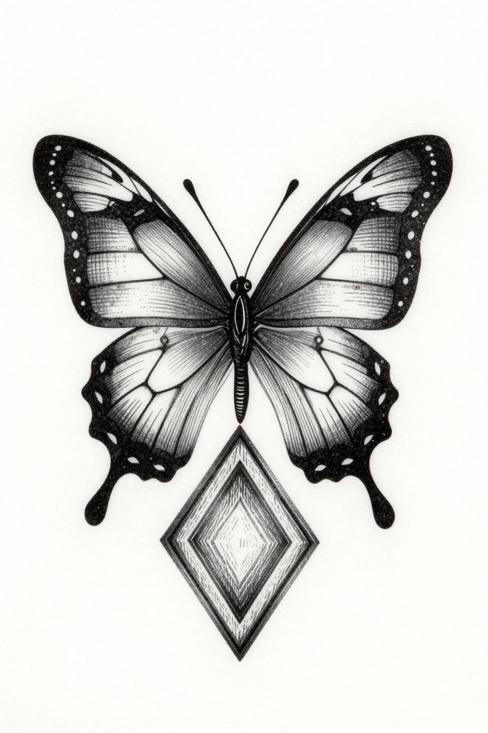 cute henna tattoos etching woodcut butterfly flash, crosshatch parallel line engraving, geometric wing segments, stacked diamond body, diamond frame composition, grey wash dilution midtones