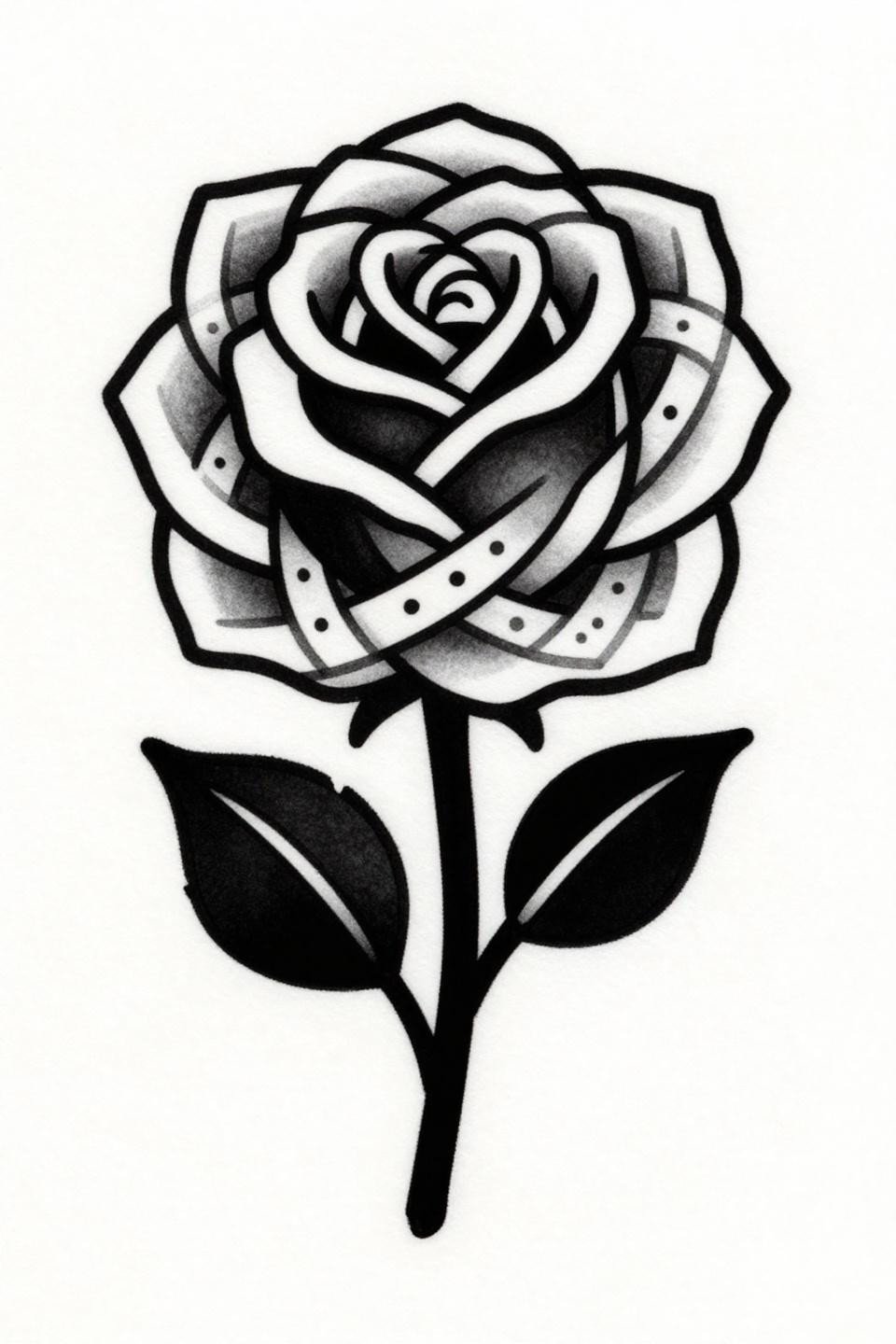 cute henna designs Celtic knotwork rose flash, bold 2-3pt outlines, flat black fills, three layered geometric petals, interlocking knot pattern, spiral center, geometric dot stem accents