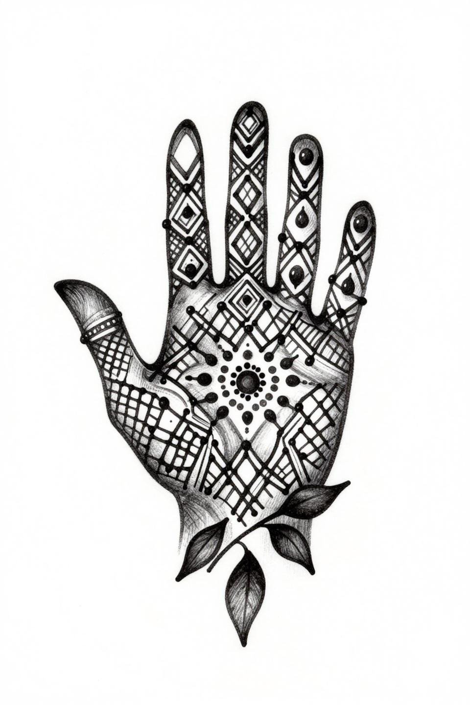 cute henna designs micro realism flash, hairline 0.5mm single-needle strokes, geometric diamond lattice palm negative space, dot cluster center, teardrop vine, grey wash midtones