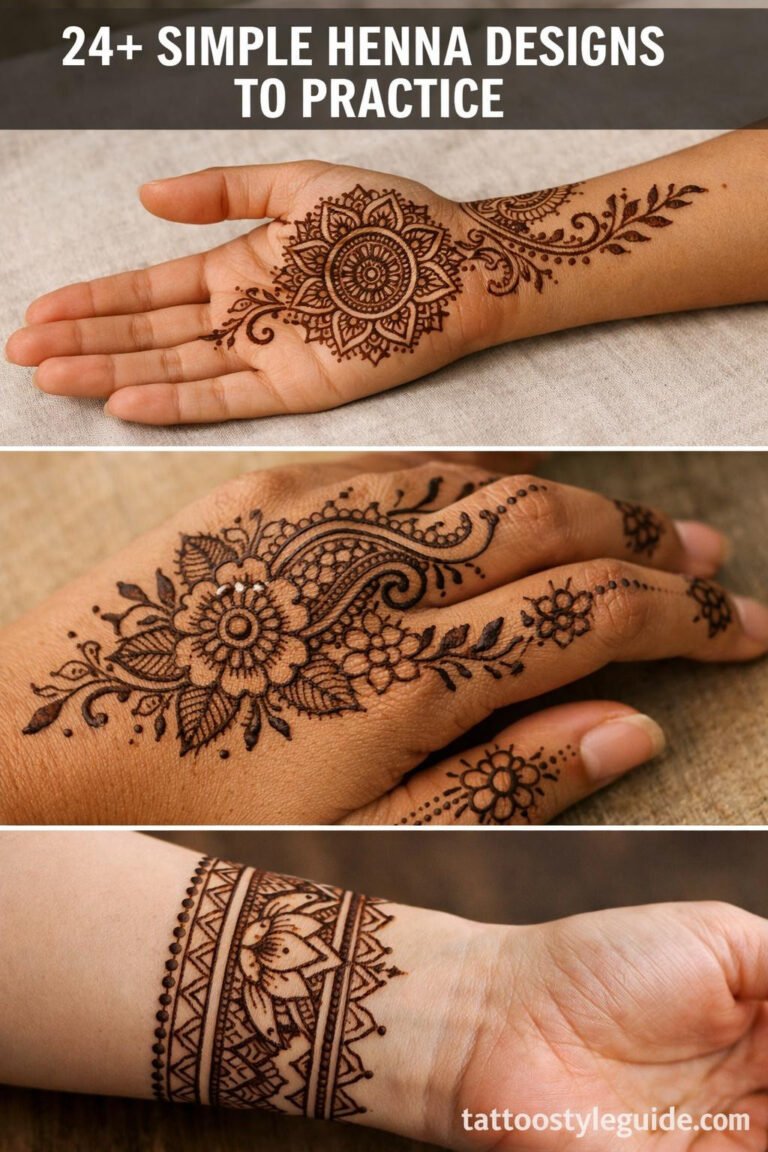 Simple henna designs on hand, forearm, and wrist with floral paisley and geometric motifs, terracotta to deep brown stain, olive to fair skin tones