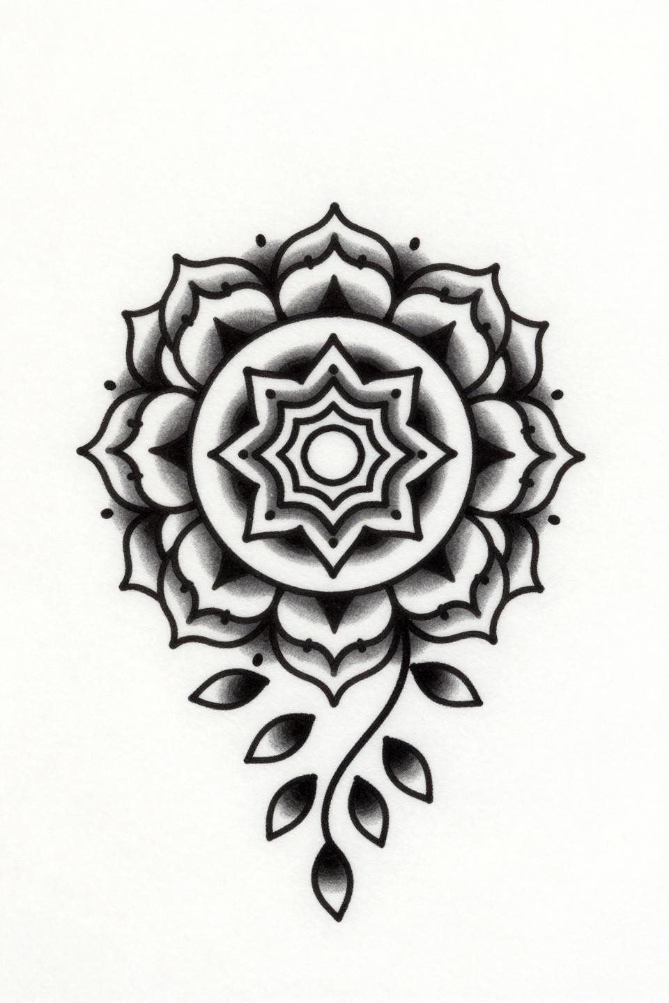 henna art designs traditional American lotus mandala flash, bold 2-3pt outlines, concentric petal rings, geometric diamond seed pod, grey wash midtones, trailing teardrop vine base