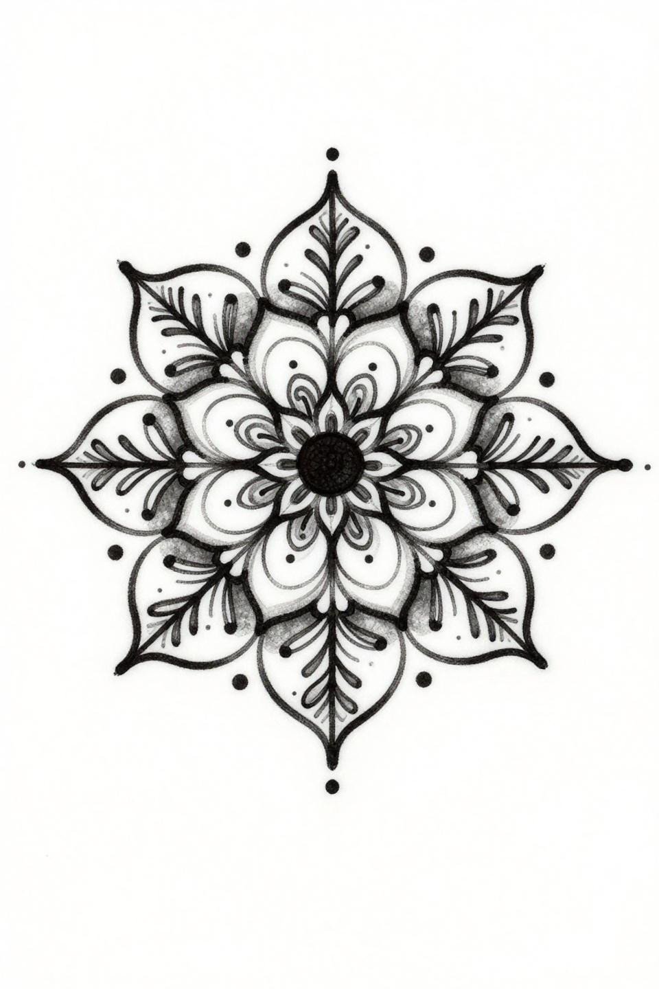 aesthetic mehendi designs fine line minimal mandala flash, hairline 0.5mm single-needle spiraling petals, central dot, leaf tendrils, scattered perimeter dots, generous negative space grey wash midtones