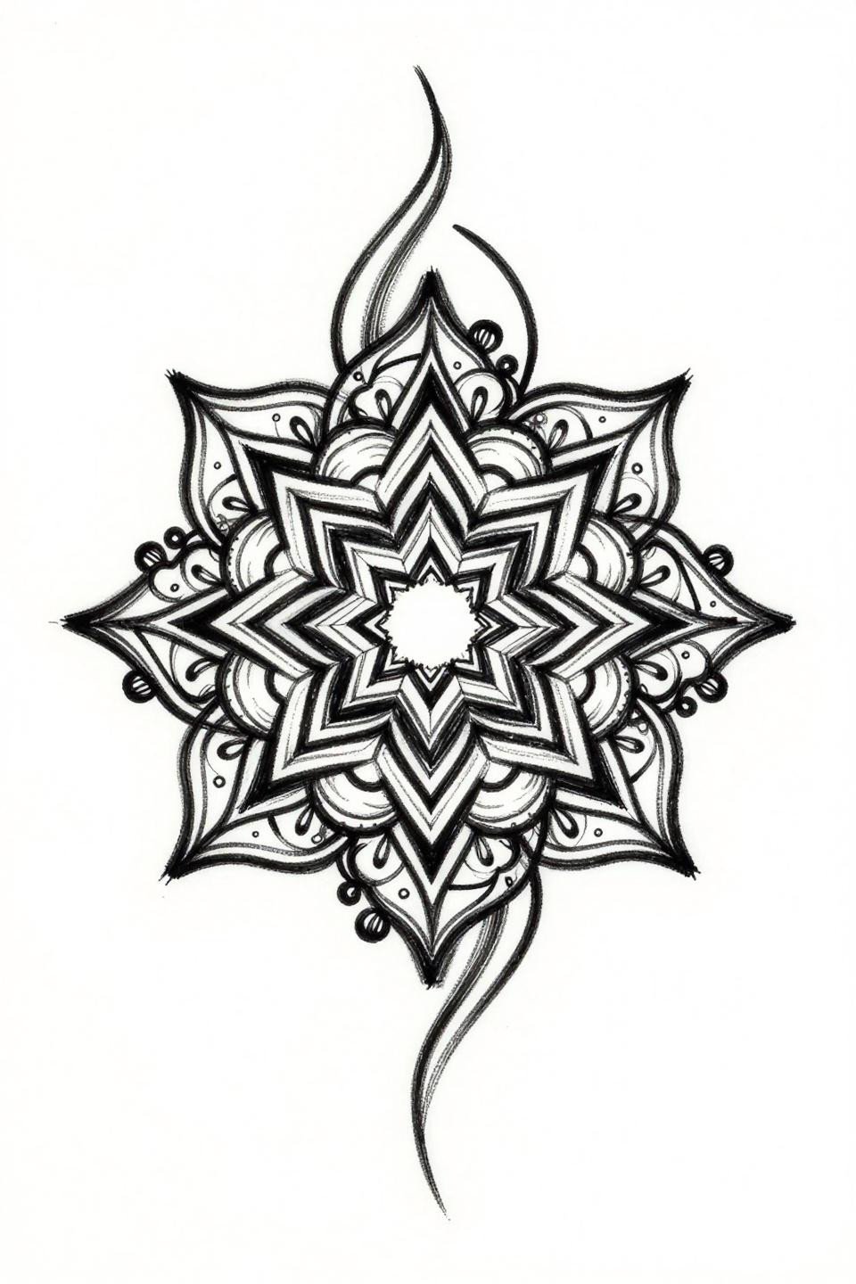 small henna designs sketch raw style flash, central mandala circle radiating geometric detail, three curved lines with floral bud terminals, triangle fills between curves, hand-drawn 2pt outlines solid black fills