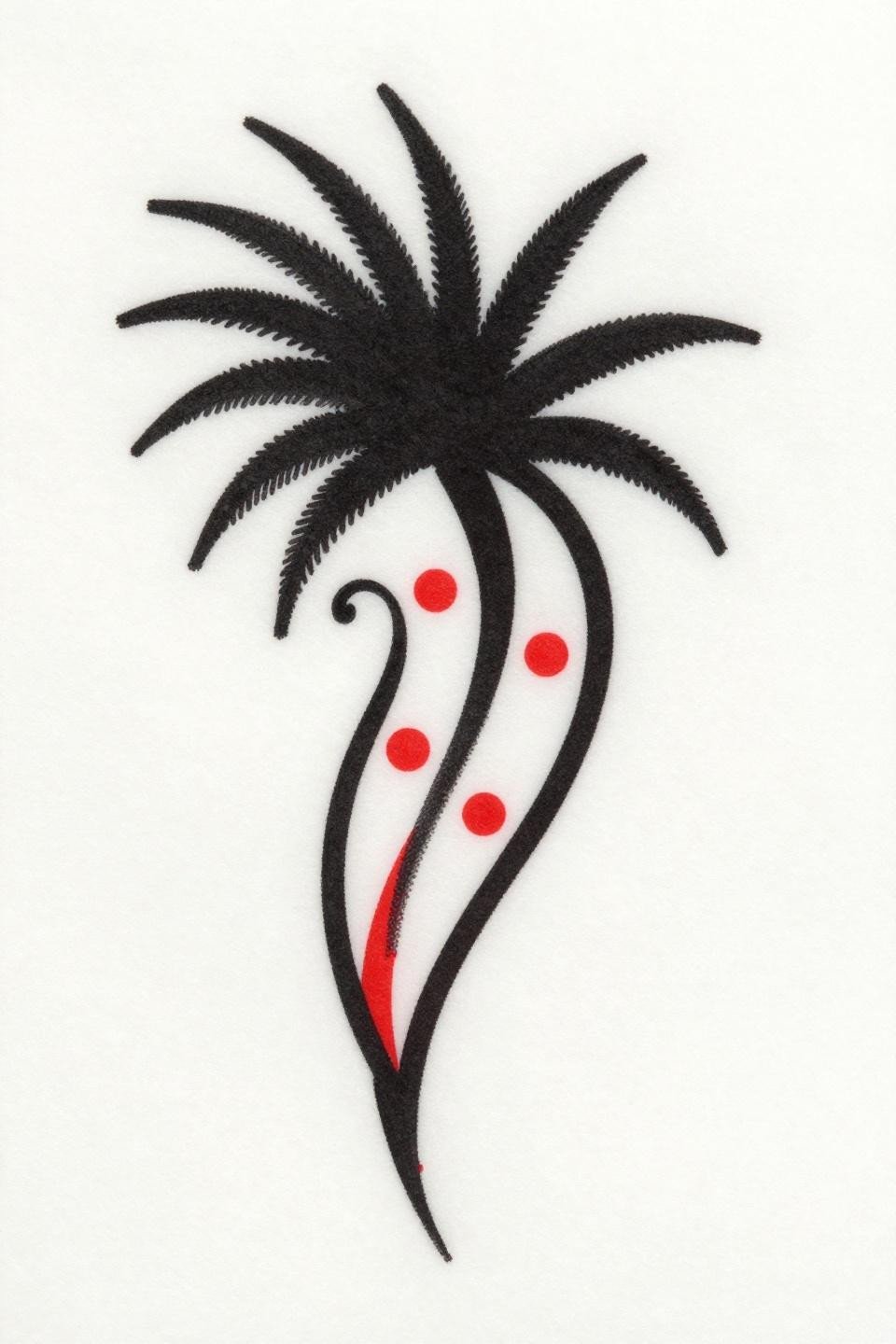 minimal henna designs trash polka flash, bold 2-3pt black outlines, flat crimson red accents, single bold palm line, dot clusters, geometric diamond at fold junction