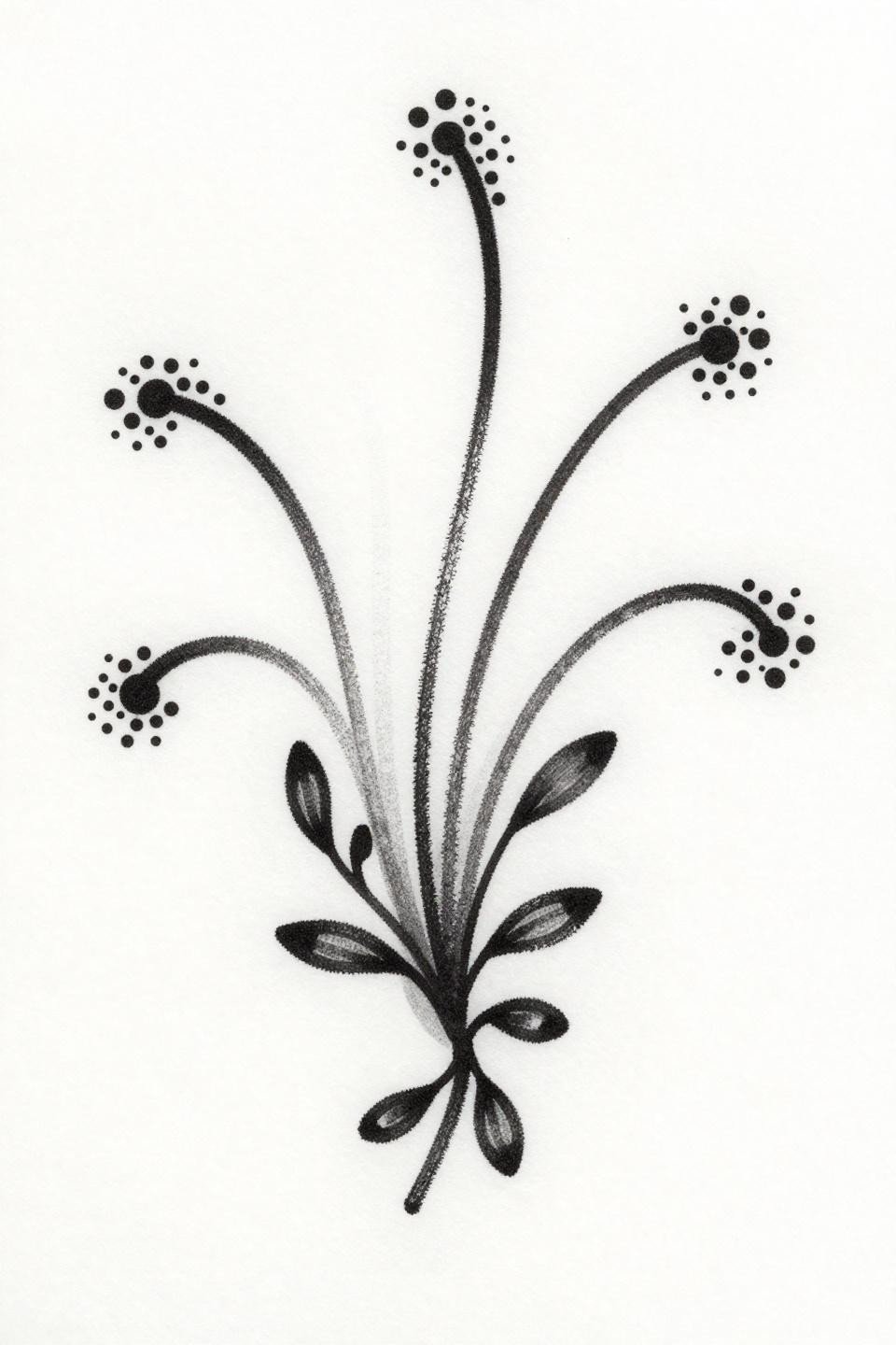 minimal mehendi designs ignorant style flash, raw wobbly 2pt outlines, five radiating curved lines, dot clusters at terminals, ornamental vine base, flat ink fills grey wash midtones