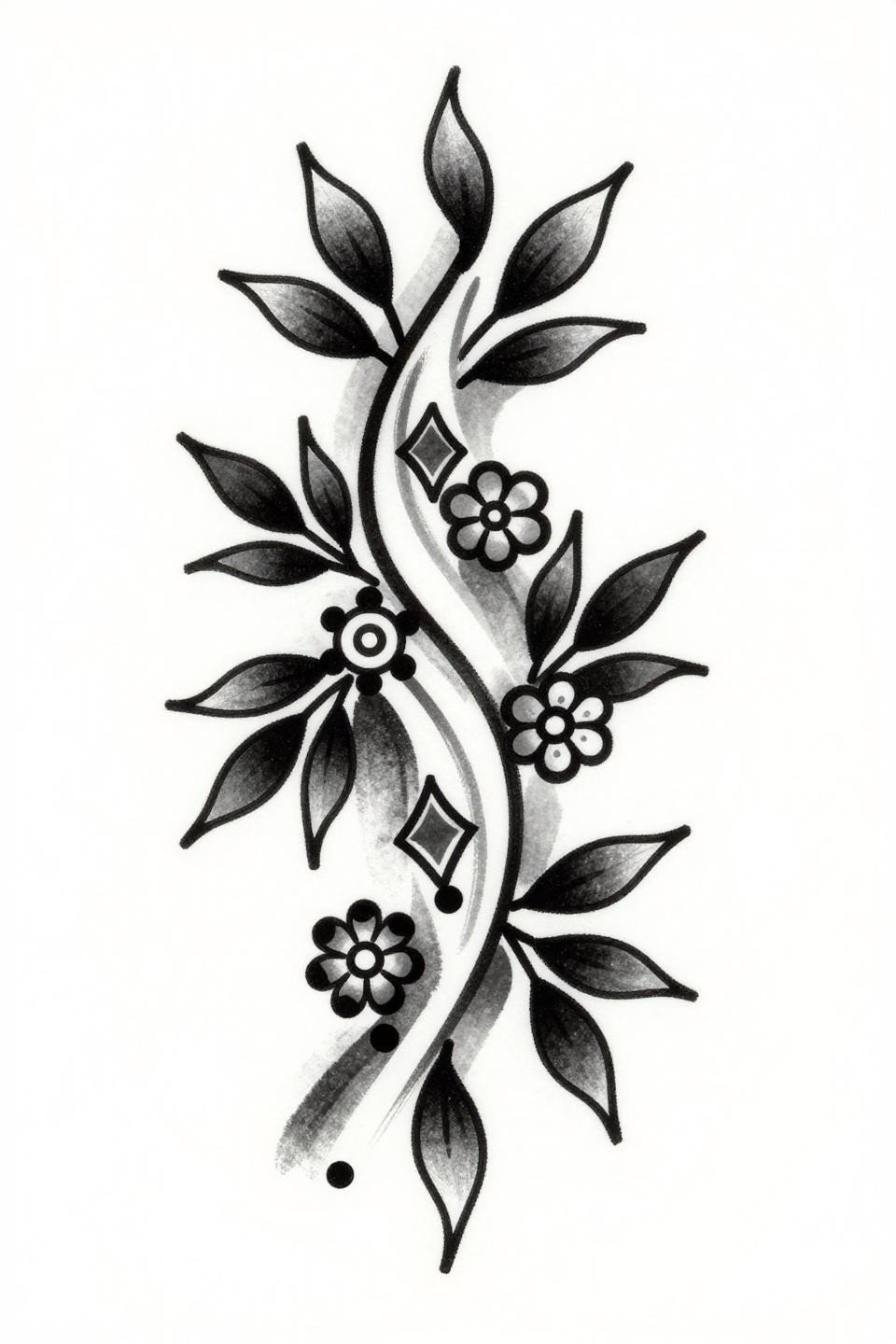 very simple mehndi designs neo-traditional flash, bold 2-3pt outlines, flat grey wash petal fills, diamond fills, asymmetric vine diagonal, teardrop leaf accents, grey wash midtones