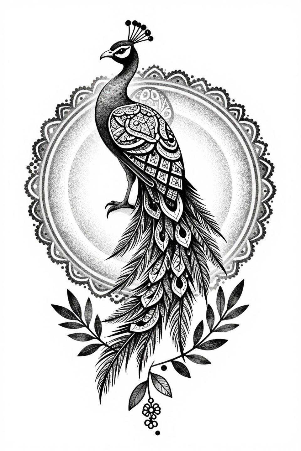 simple henna tattoo blackwork dotwork flash, peacock in circular mandala, dense crosshatch stipple torso, interlocking crescent tail feathers, stipple gradient dense center to open edges