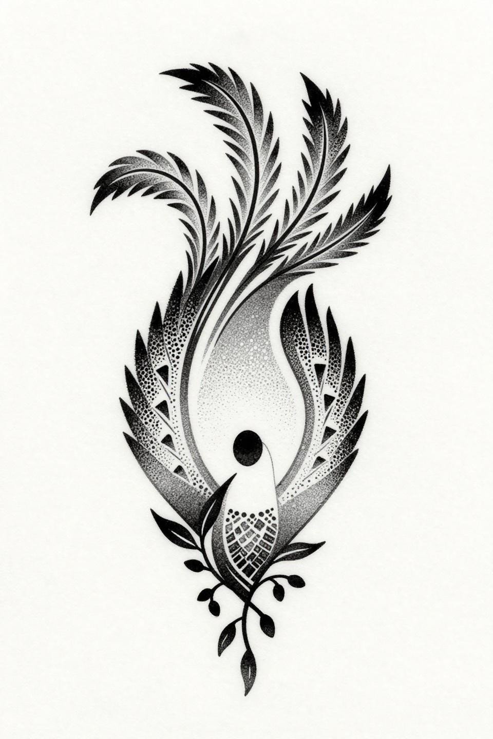 minimal mehendi designs tribal geometric dotwork peacock flash, teardrop stipple body, triangular dot cluster tail feathers, dotwork eye, vine tendrils base, dense to open stipple gradient