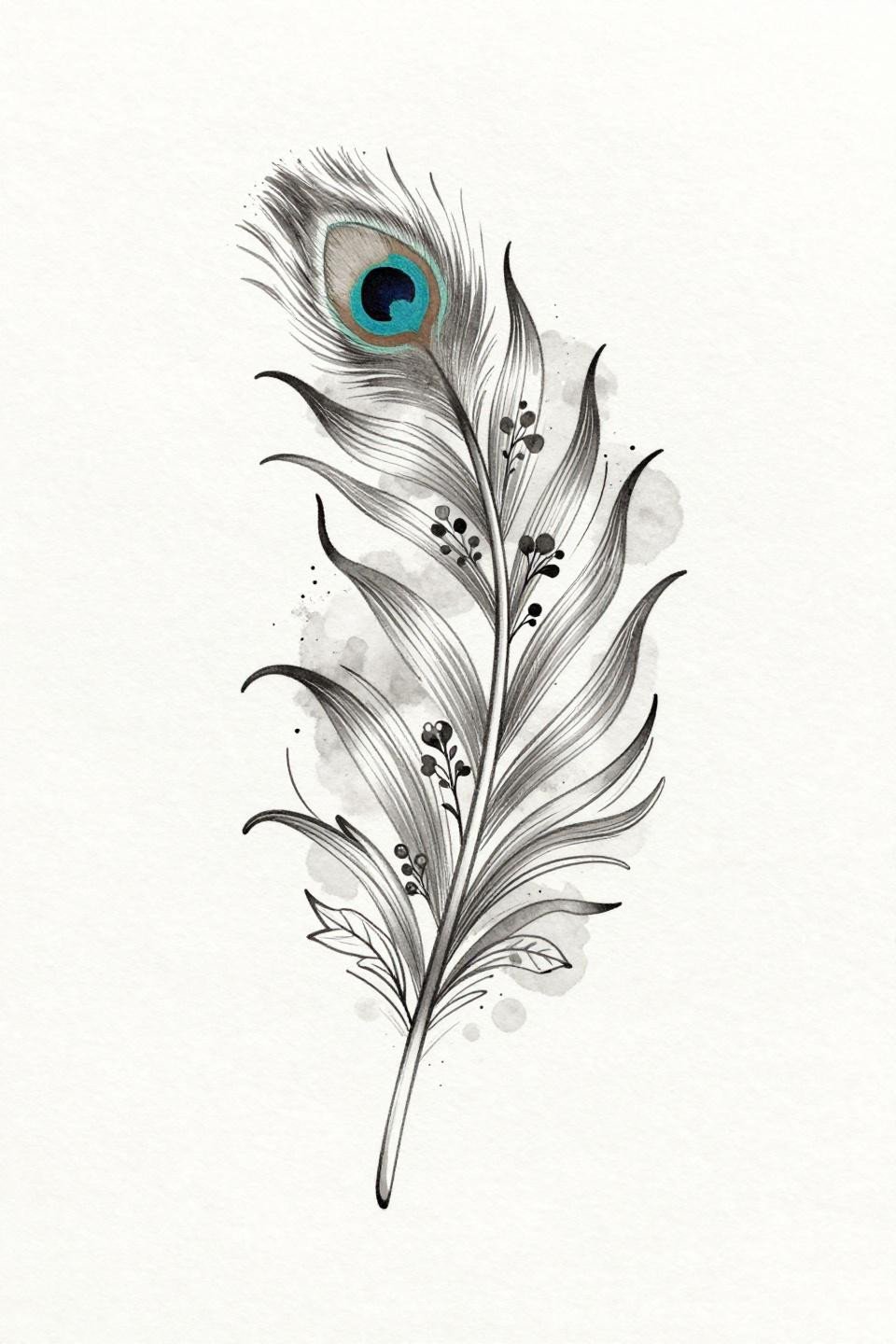henna tattoo designs peacock feather watercolor flash, soft grey wash bleed, clean outlined central spine, organic curved barb strokes, whip shading tonal gradient, floral clusters along shaft