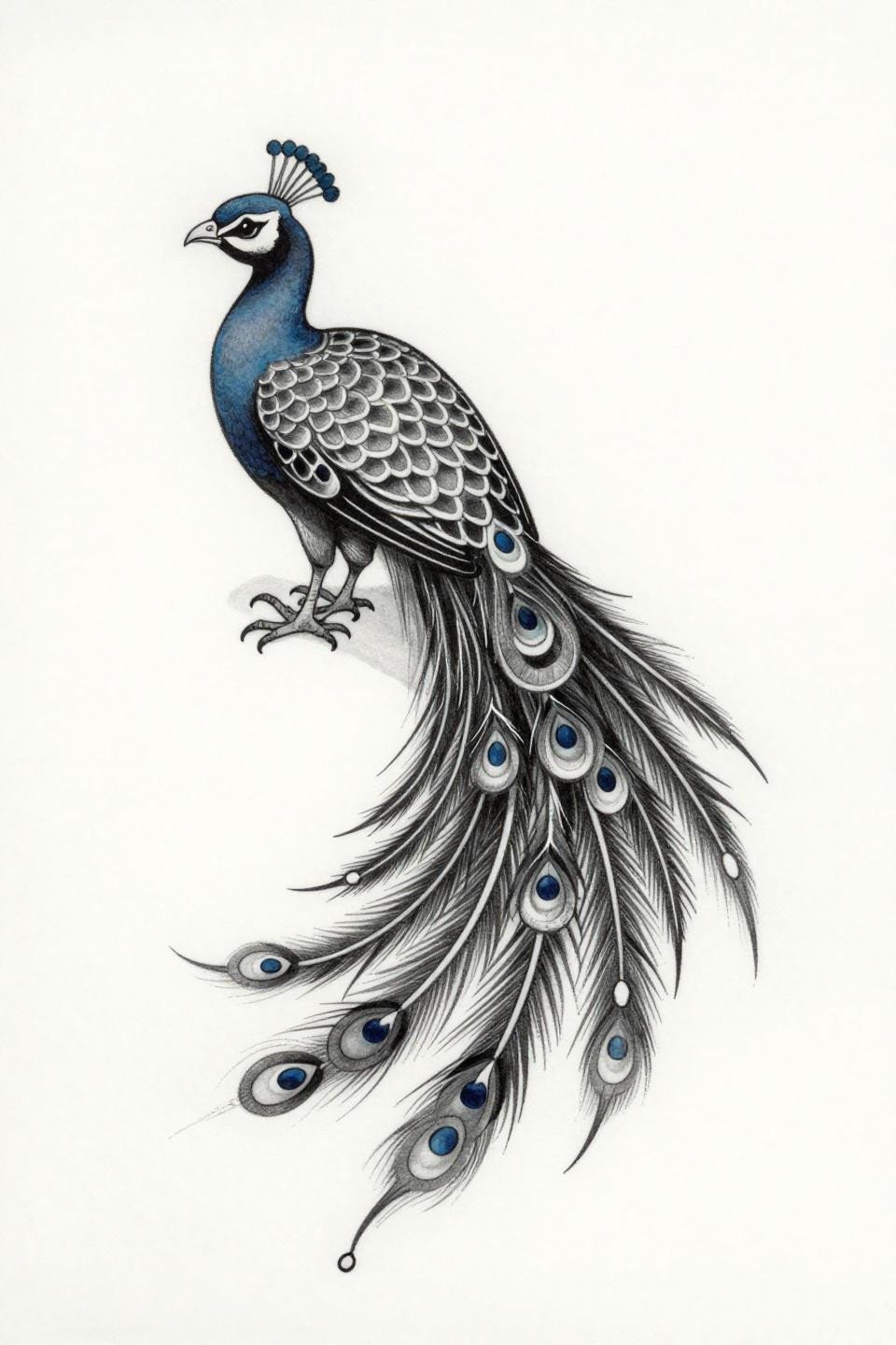 simple henna designs peacock flash, botanical scientific style, hairline 0.5mm single-needle strokes, honeycomb lattice body fill, asymmetric teardrop tail arcs, open negative space