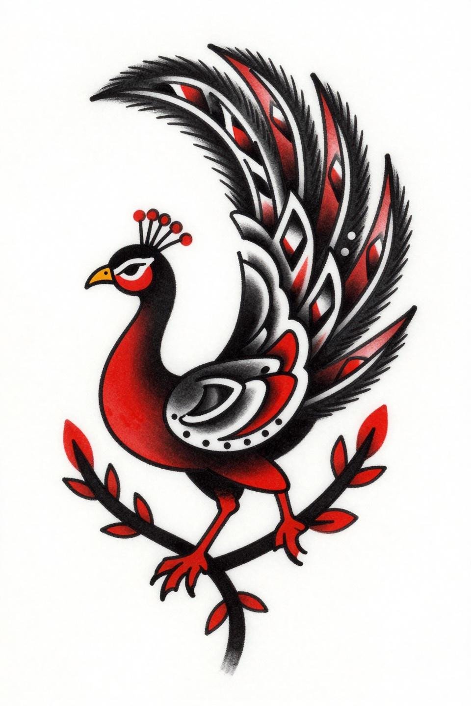 aesthetic mehendi designs peacock old school flash, bold 3-4pt black outlines, flat crimson red accent fills, chevron tail fan, left-facing profile, ornamental vine base