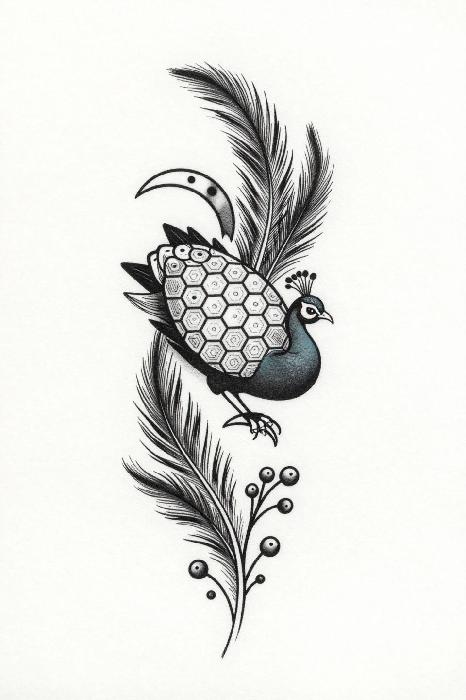 minimal mehendi designs peacock geometric flash, engraving style, parallel ruled 0.4pt horizontal strokes, hexagon torso, stacked crescent tail feathers, no grey wash