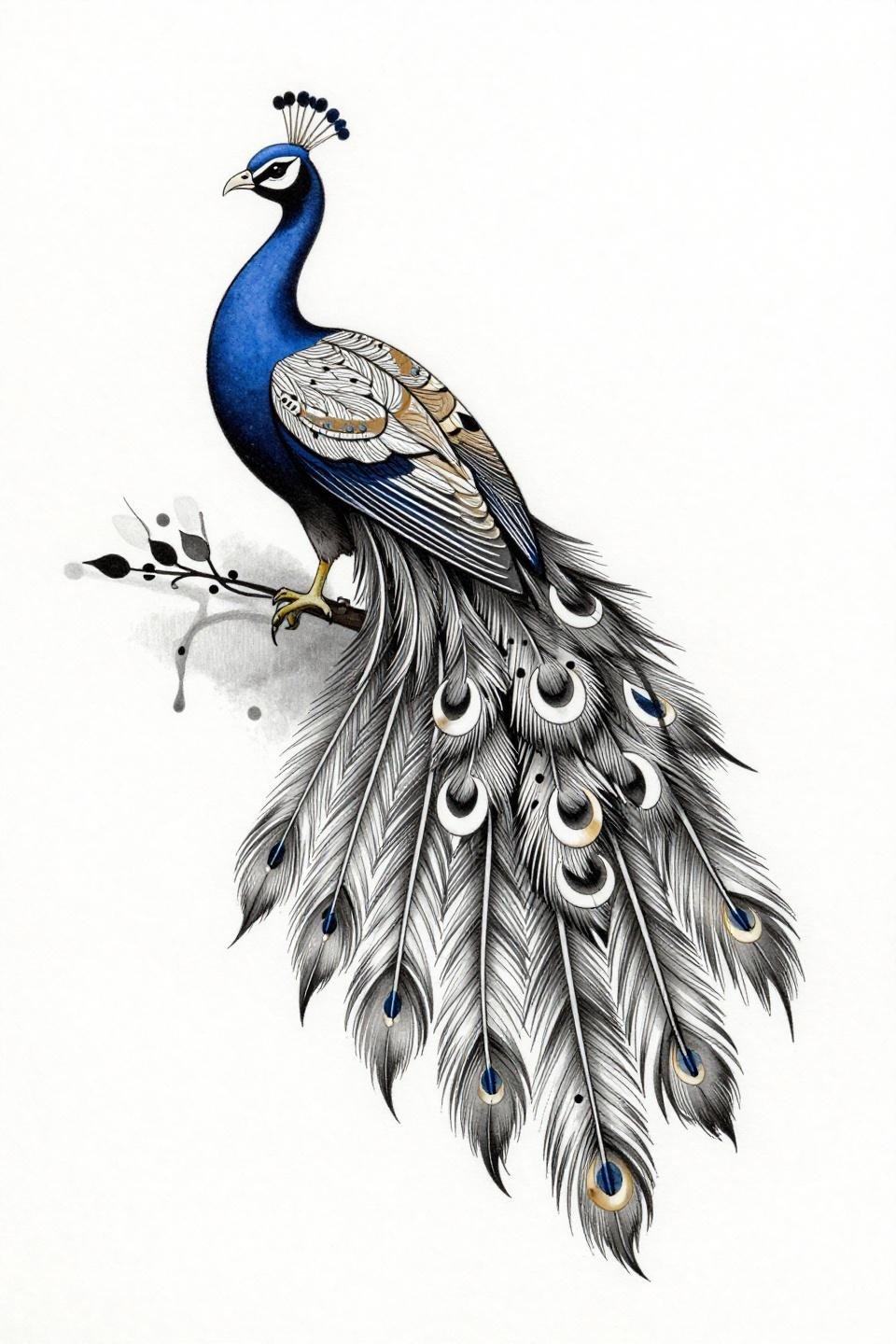 small henna designs chicano grey wash flash, whip shading dilution, diagonal asymmetric peacock, curved parallel body lines, crescent feather tail, teardrop leaf vine base