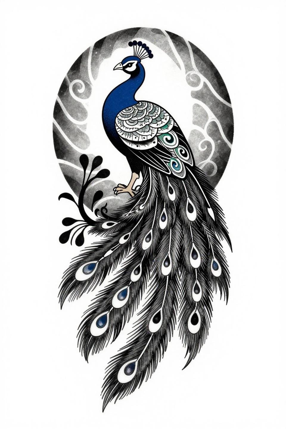 aesthetic mehendi designs Japanese Irezumi peacock flash, bold 2-3pt outlines, horizontal oval composition, coiling spiral tail feathers, bilateral symmetry, flat dense black ink fills high contrast