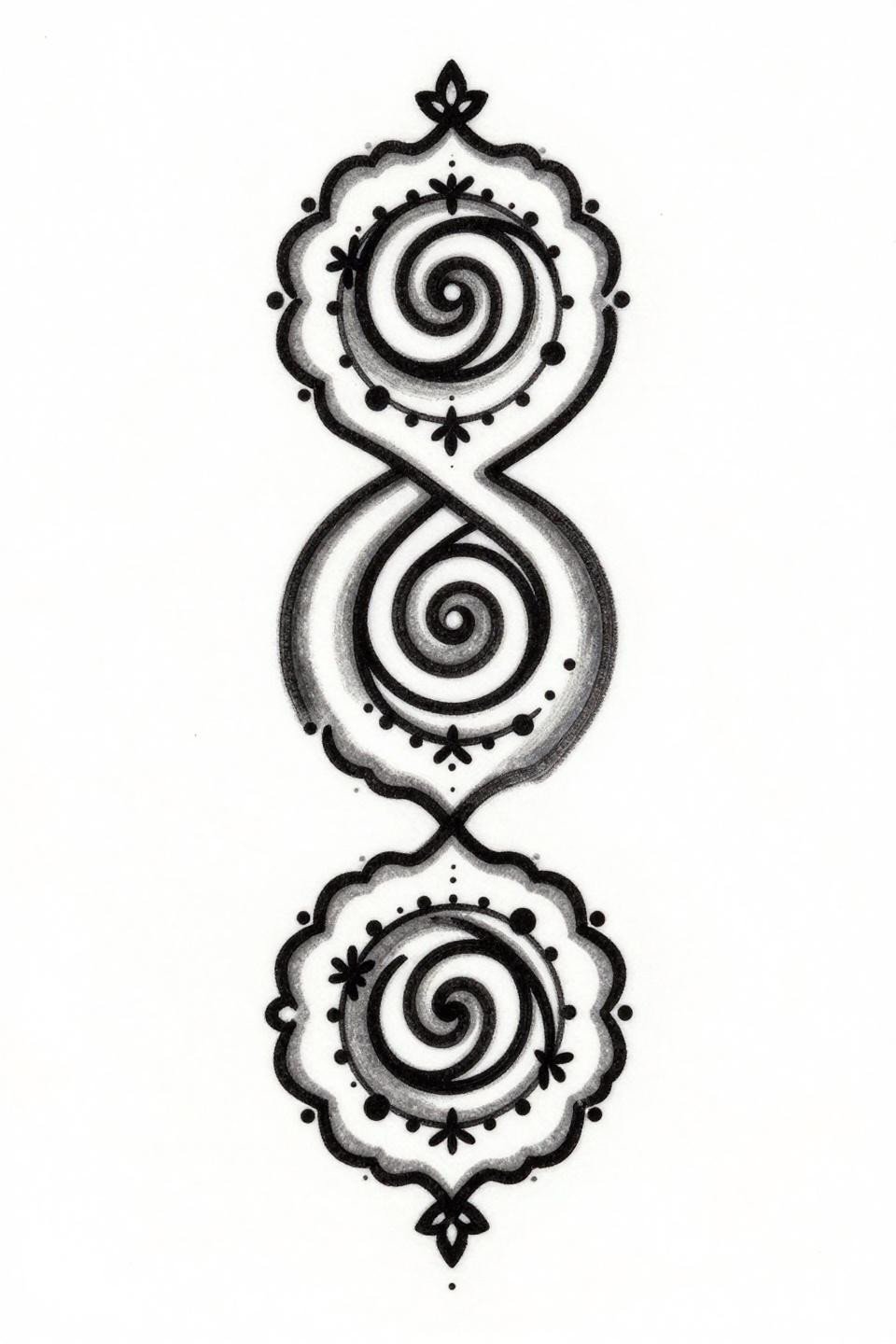 henna tattoo designs Sak Yant sacred geometry flash, bold 2-3pt outlines, three ascending spiral loops, four-petal flower terminals, alternating dot tendrils, vertical axis alignment