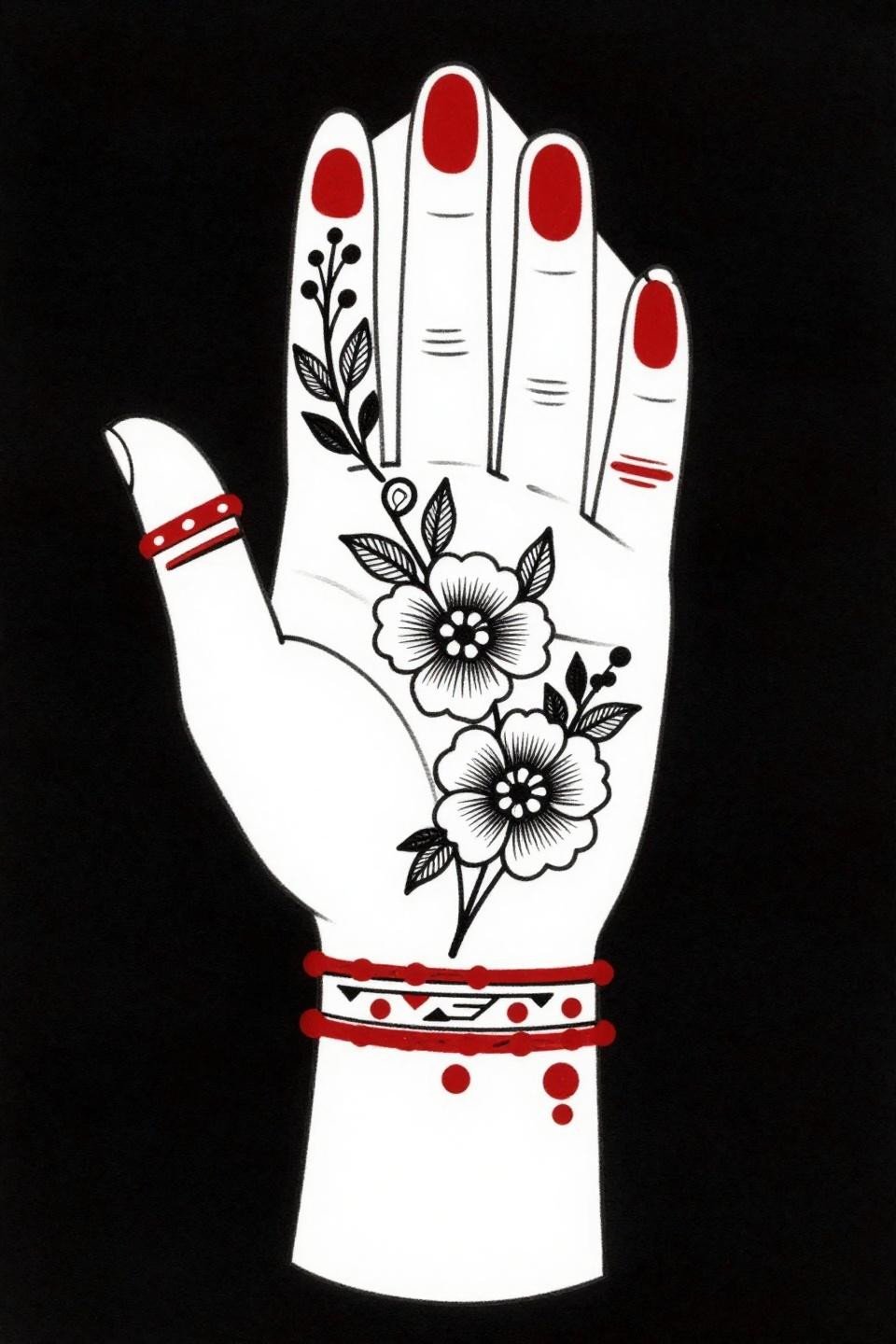 Latest simple mehndi designs neo-traditional asymmetric diagonal vine front palm geometric bracket wrist branching florals knuckle parallel line petal shading crimson accent