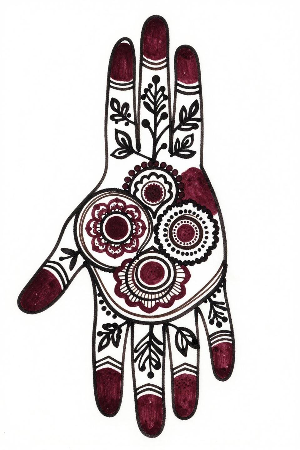 Latest simple mehndi designs stylish front hand bold 2.5pt vine column geometric petal rosettes stipple dot cluster centers burgundy accent ornamental fill lines