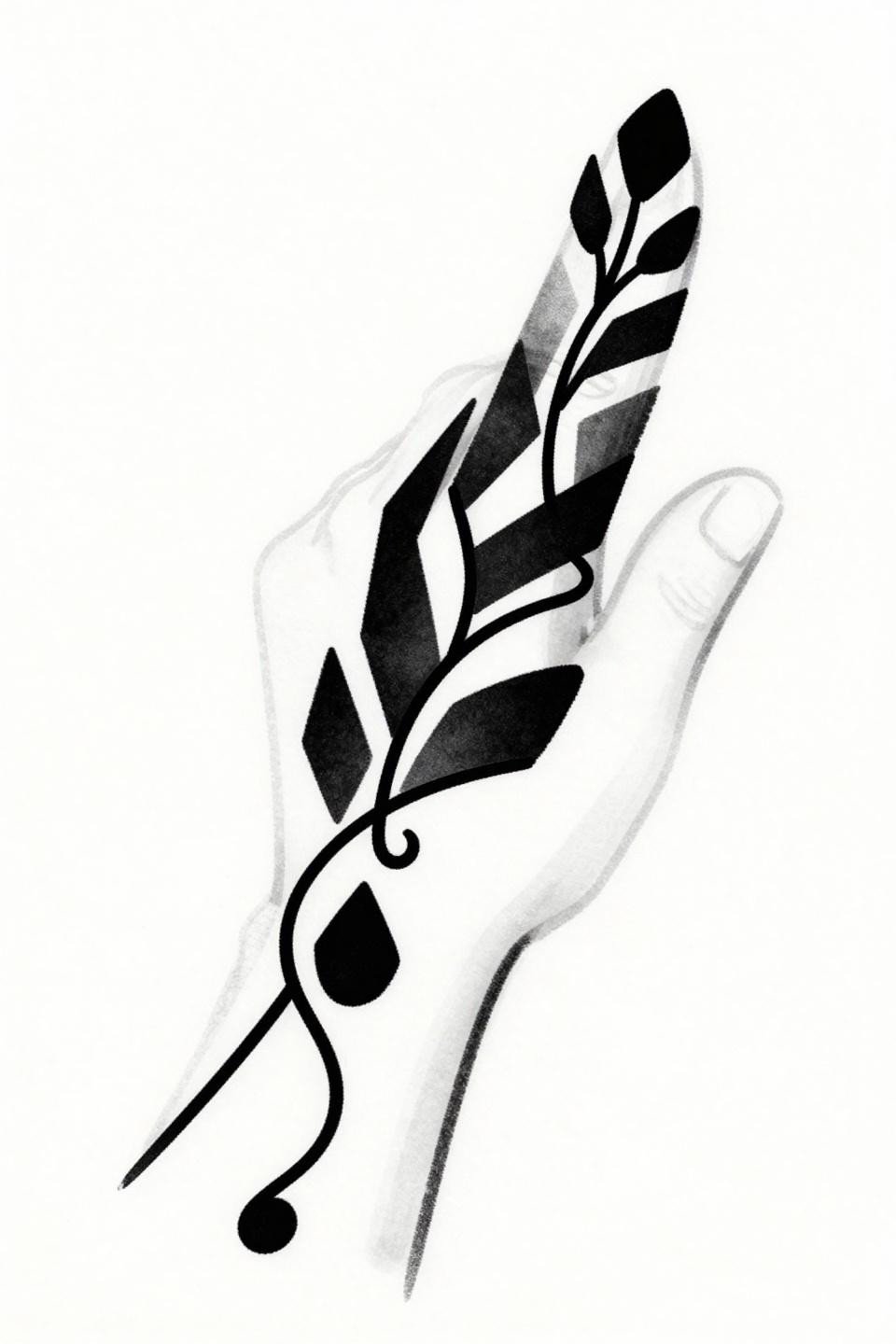 Latest simple mehndi designs geometric blackwork flash front hand asymmetric diagonal vine bold 2.5pt scroll line angular brackets chevron nodes negative space