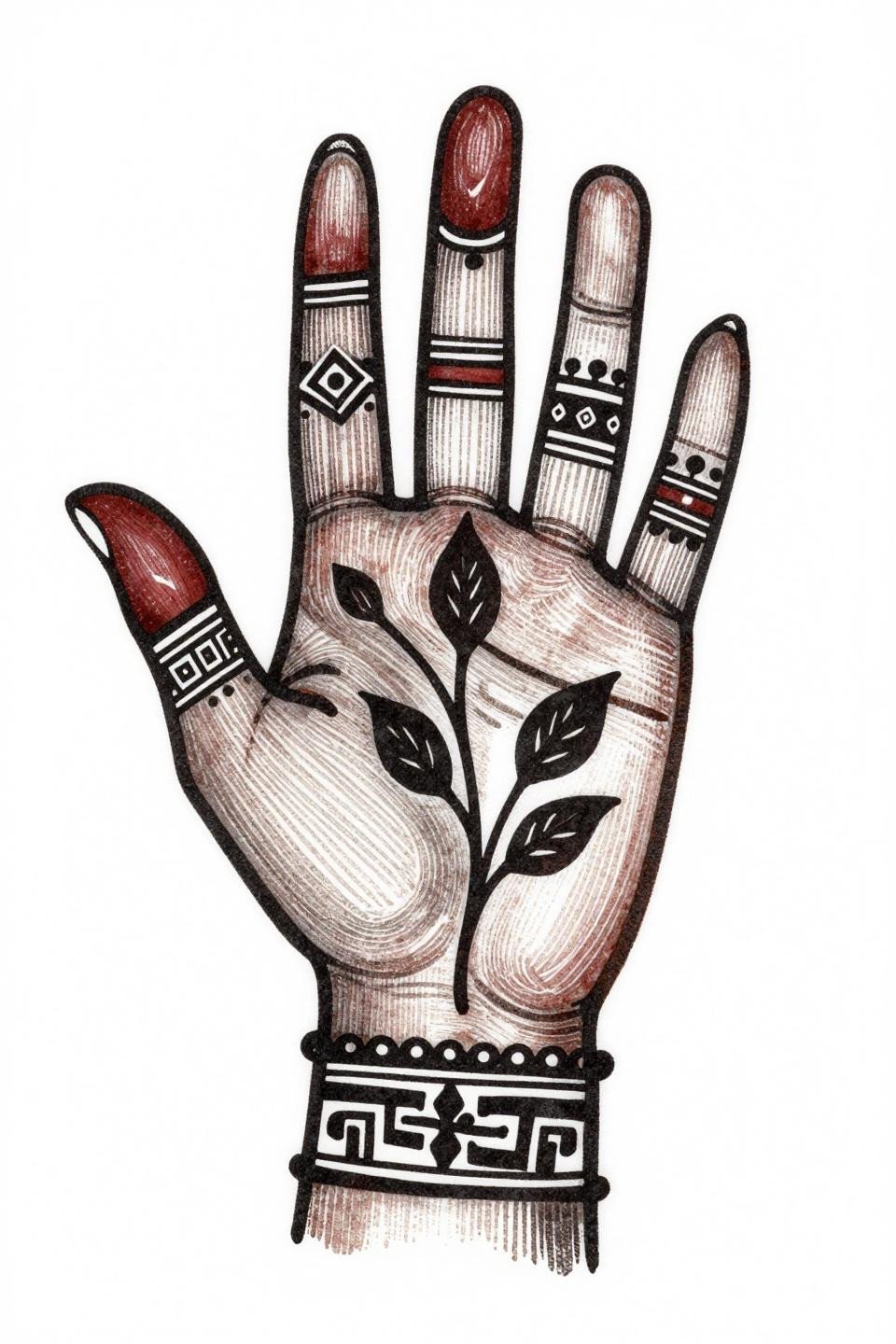 Latest simple mehndi designs modern woodcut bold 2pt diagonal vine geometric bracket wrist back of hand asymmetric sparse parallel line shading crimson geometric nodes