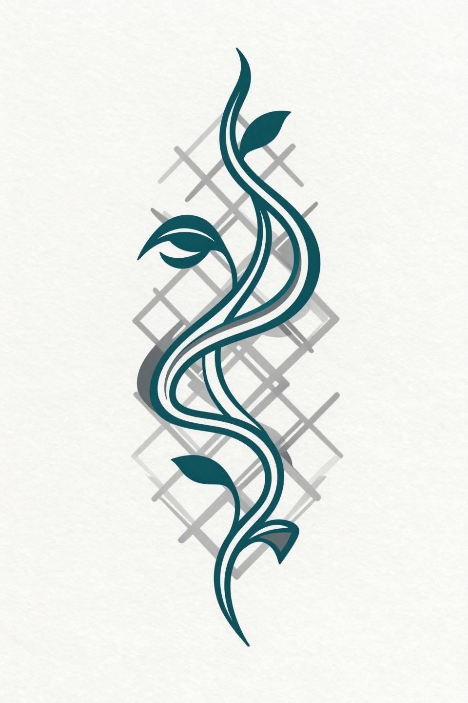 Latest simple mehndi designs trendy geometric lattice grid continuous flowing vine overlay bold 2pt teal outlines charcoal grey fills white diamond negative space clusters vector precision