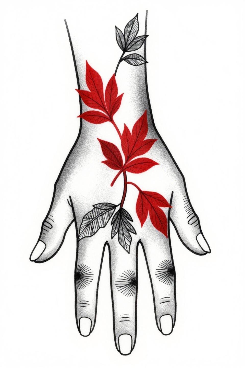 Latest simple mehndi designs aesthetic Japanese irezumi fusion diagonal vine bold 2pt outline geometric leaf clusters parallel line shading stipple gradient crimson leaf tips