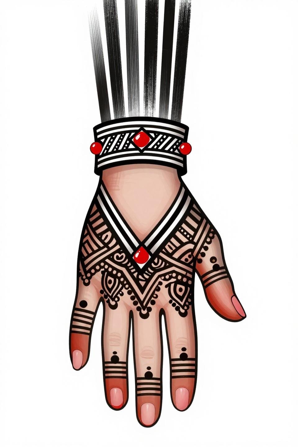 Latest simple mehndi designs very simple geometric wrist cuff bracket bold 2pt outline crimson corner nodes four hairline vertical trails zero fill maximum negative space