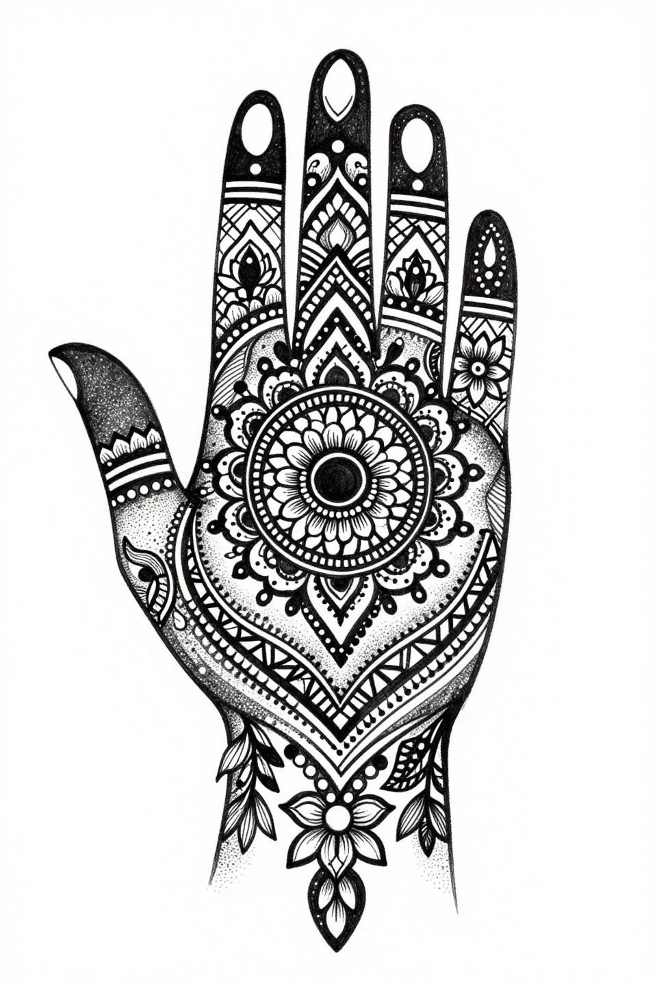Latest simple mehndi designs easy mandala center radiating paisley teardrops floral vine lotus buds geometric lattice borders 0.3pt hairline stipple 70 percent density fade professional reference