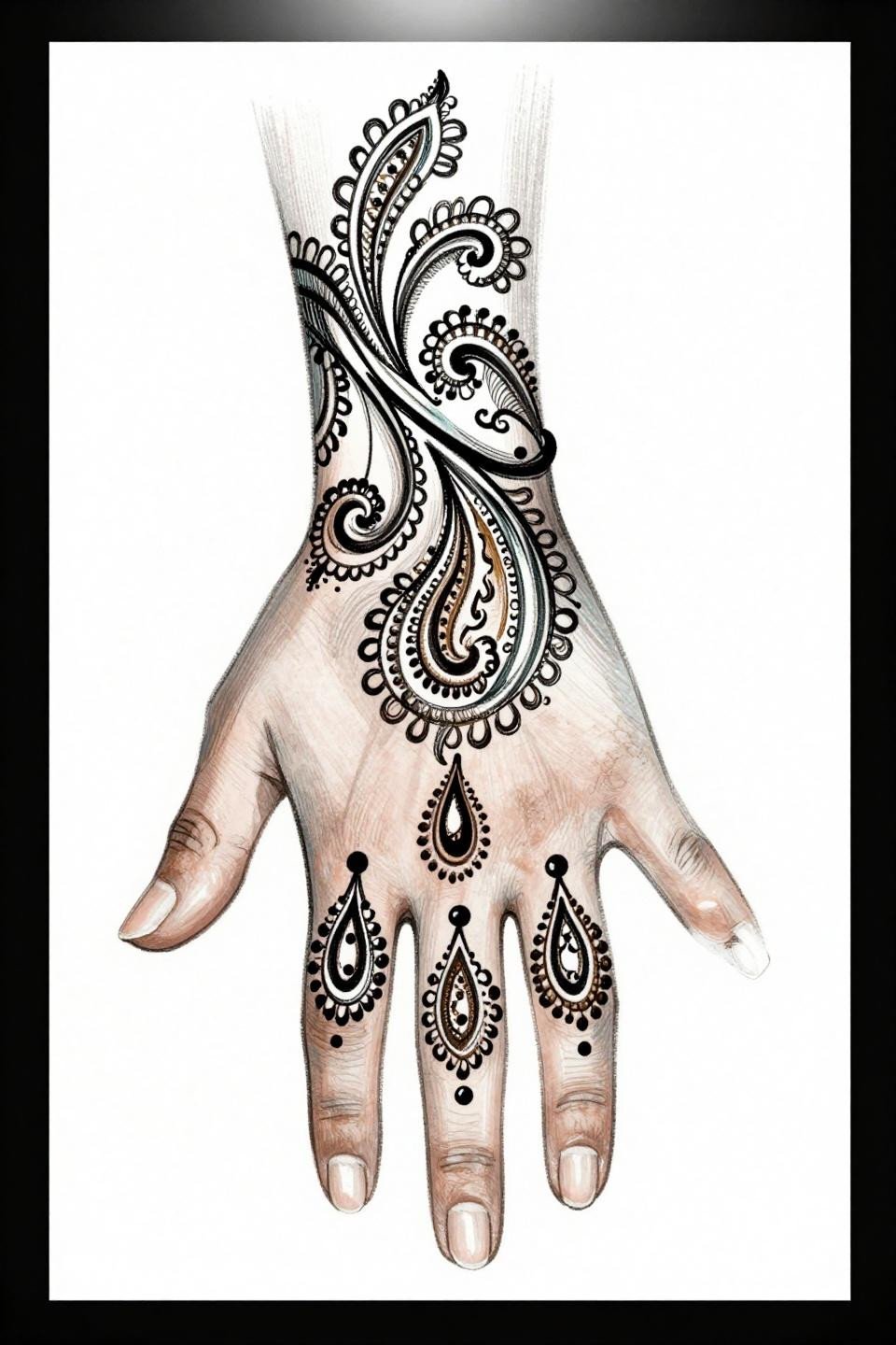 Latest simple mehndi designs art nouveau paisley vine asymmetric wrist to ring finger teardrop stations unfurling petal tips whip shading warm teal accent monochrome