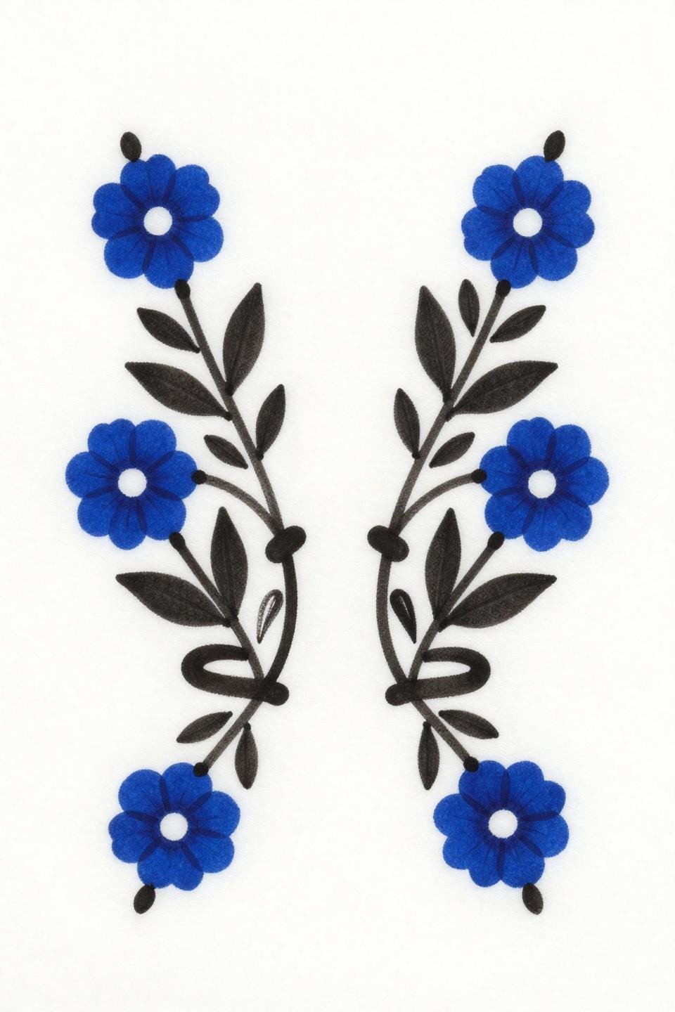 Latest simple mehndi designs traditional American wrist cuff cobalt blue block fill bold 2.5pt outlines symmetrical vine stems solid floral nodes knuckle stations