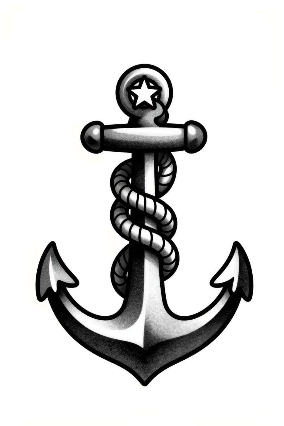 small tattoo inspo neo-traditional anchor flash art, bold 2-3pt weighted outlines flat black fill, rope wrapped shank knotted texture single star at crown