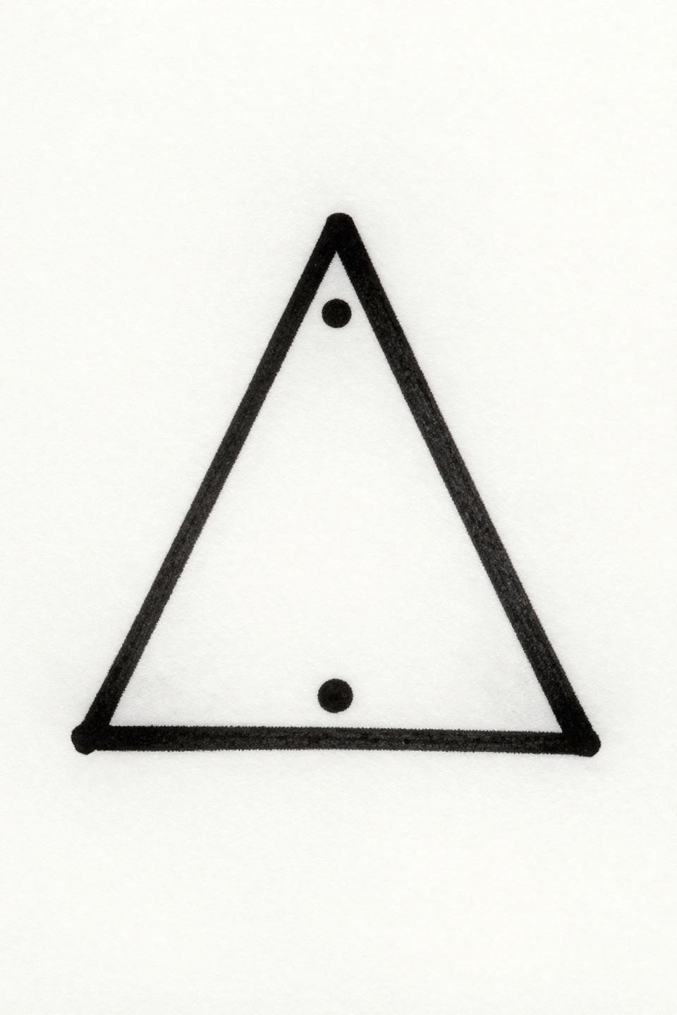 tattoo inspirations art deco triangle flash, bold 2-3pt black outlines flat black fill segments, equilateral form bisected horizontal line filled apex dot stark negative space