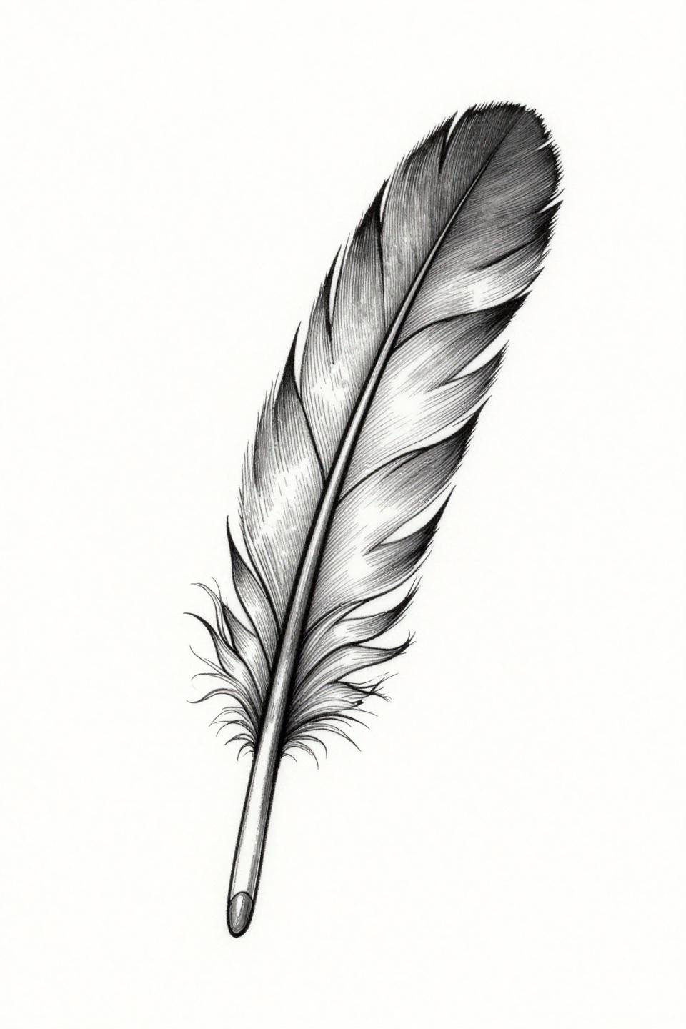 dainty tattoos feather single continuous line flash, hairline 0.5mm single-needle unbroken stroke spine to tip, three curved barbs trailing in soft organic curves open negative space