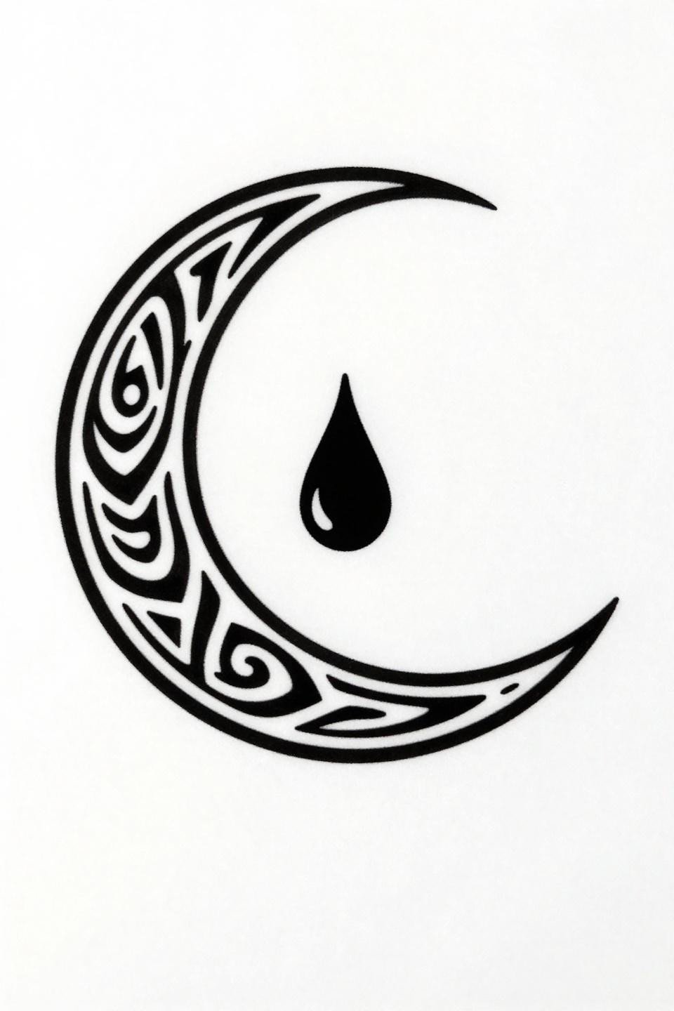 unique tattoos tribal geometric crescent moon flash, bold 2-3pt outlines flat solid black fills, nested concentric circles inside arc elongated teardrop center high contrast