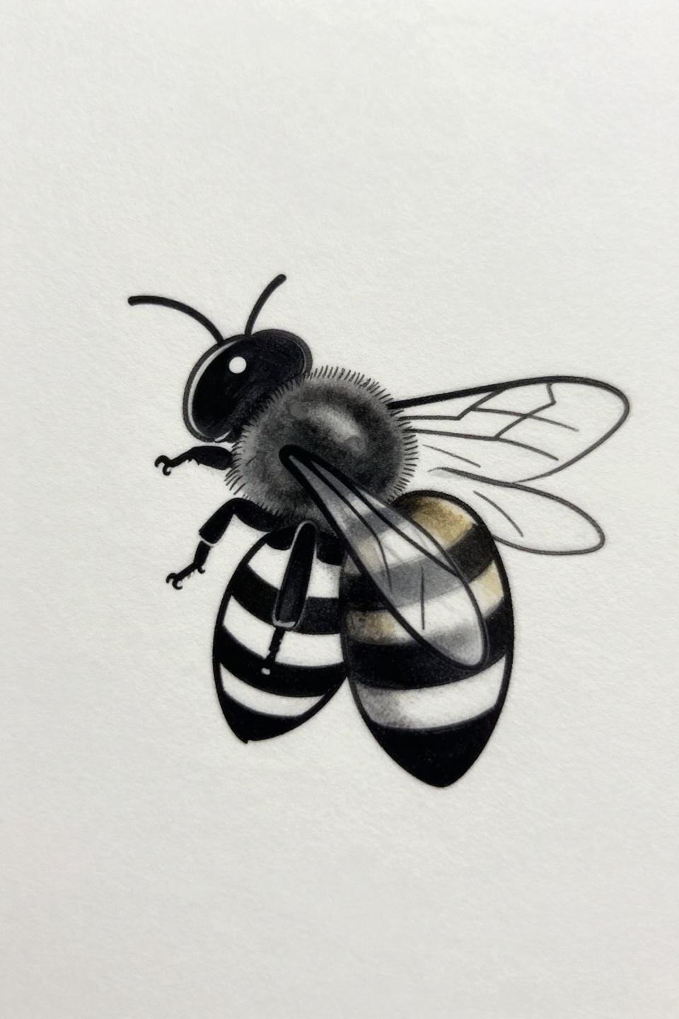 cute small tattoos honeybee fine line minimal flash, hairline 0.5mm single-needle zero fills zero shading, three segmented abdomen stripes wings as parallel hairlines only