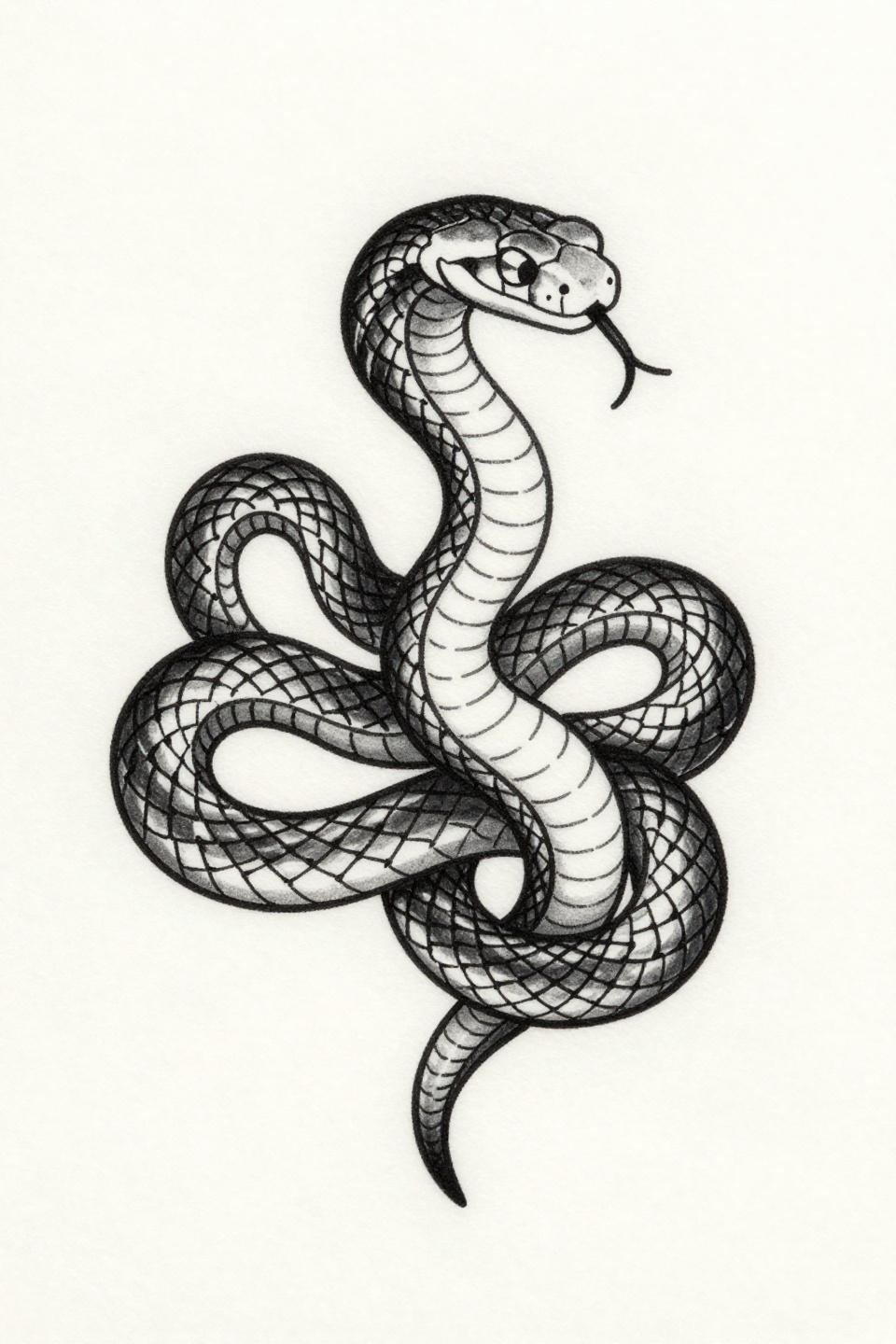 meaningful tattoo fine line snake flash, three organic coils hairline 0.5mm single-needle strokes, scale texture suggested by parallel marks open negative space