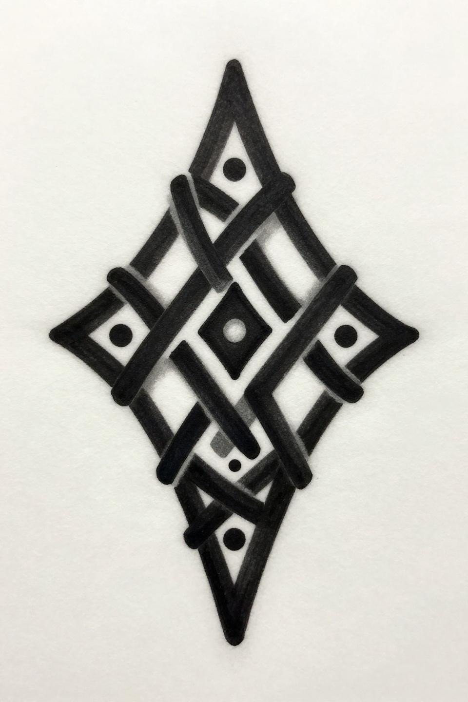 simple tattoos Celtic knotwork flash, diamond silhouette bilateral symmetry, bold 2-3pt black outlines flat black fill segments grey wash midtone depth