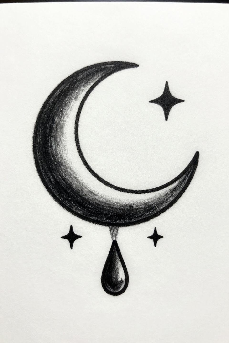 easy tattoos crescent moon ignorant style flash, rough wobbling outlines intentional imperfection, whip shading strokes soft shadow fill grey wash midtones