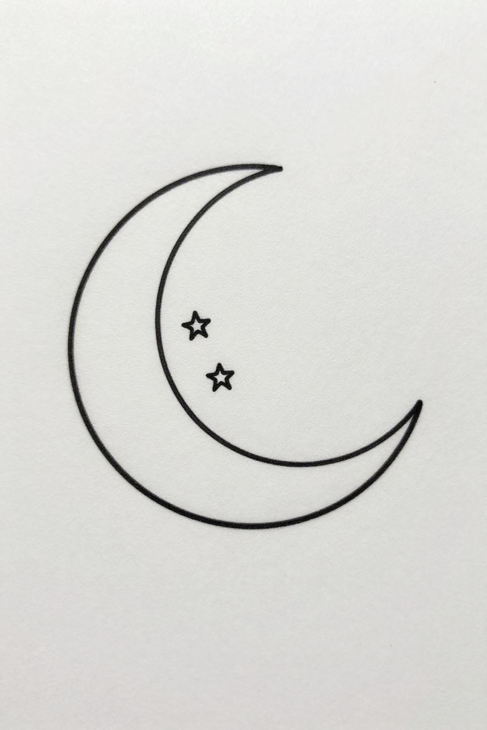 small ink tattoos crescent moon stars single continuous line flash, hairline 0.5mm unbroken stroke zero fill no shading, three five-point stars aligned vertically inner curve