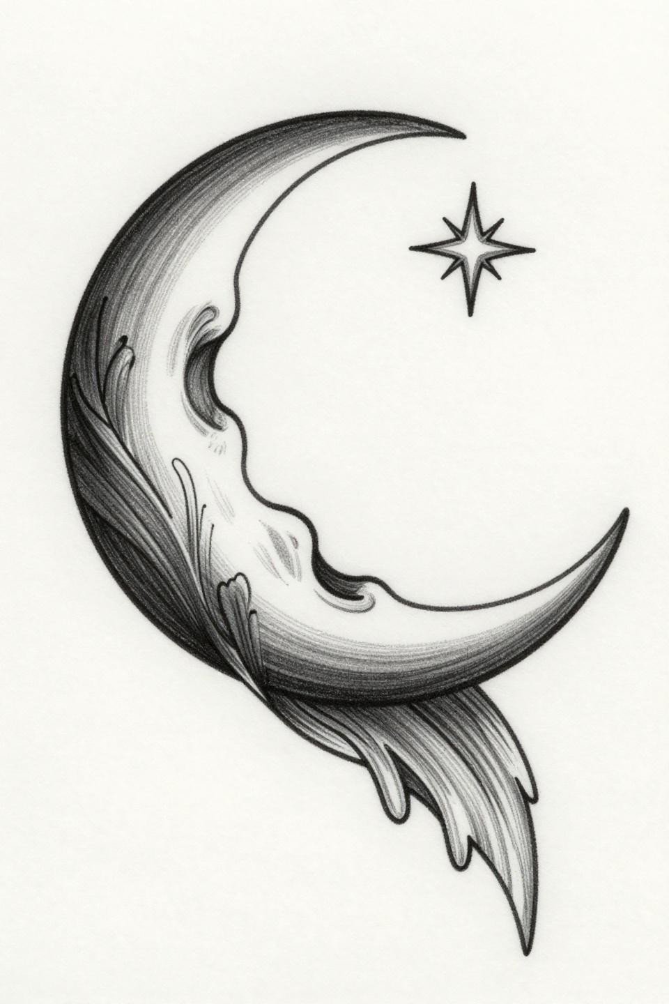 small tats fine line botanical crescent moon star flash, 0.5mm hairline vector-precision linework no fill, tilted asymmetric orientation four-pointed star at upper horn tip