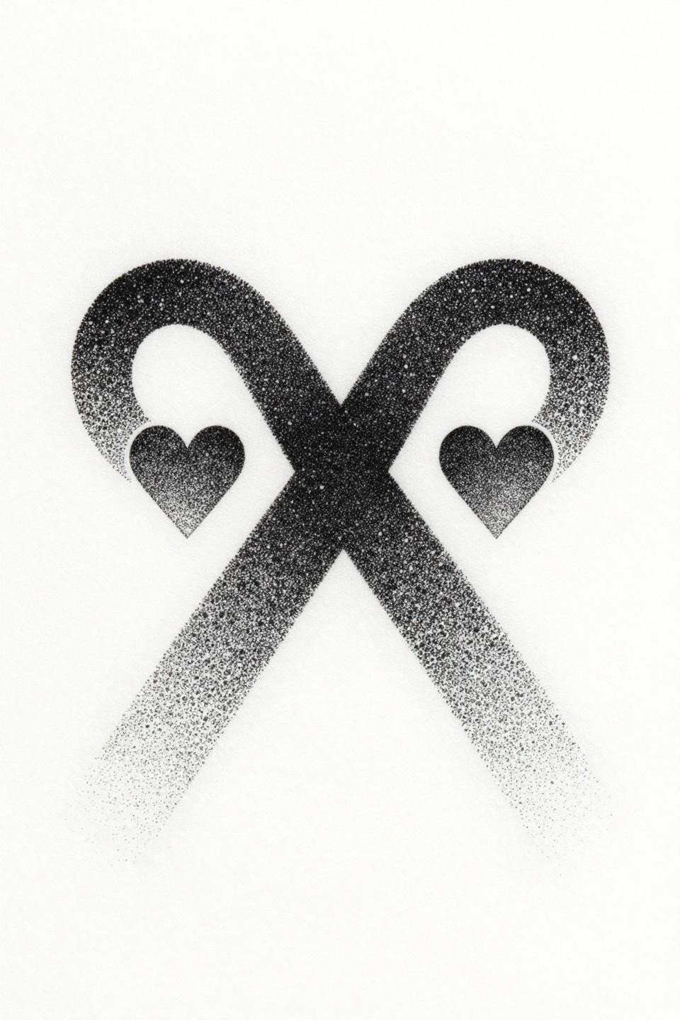 meaningful tattoos infinity hearts blackwork dotwork flash, stipple dot density clustering at central crossing dissolving outward, no solid outlines bilateral symmetry horizontal form