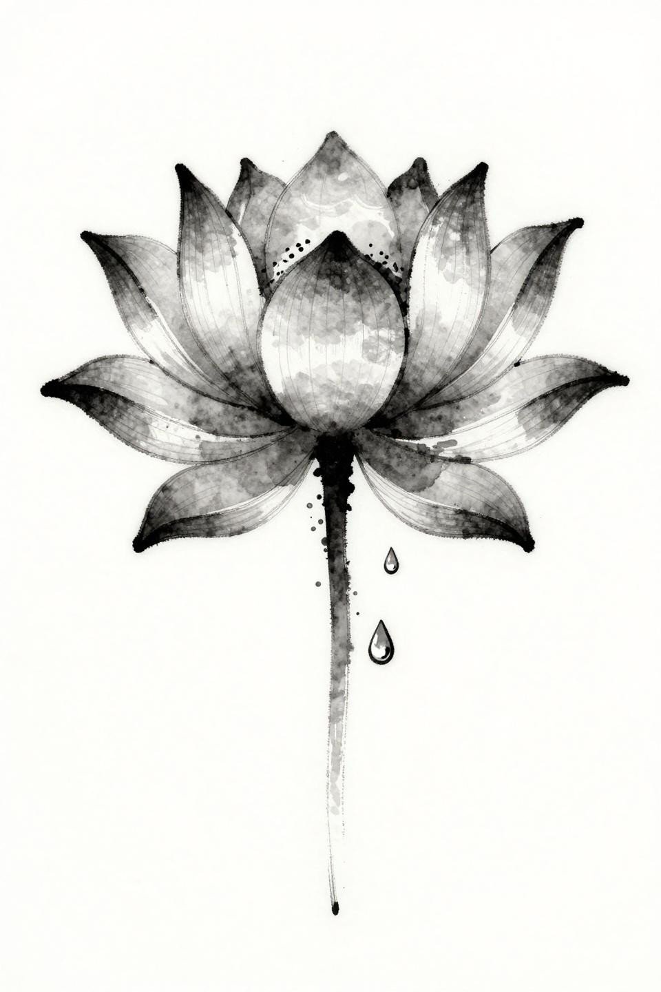 small ink tattoos lotus flower watercolor splash flash, calligraphic brush marks wet ink bleed quality, grey wash dilution blooming outward from petal edges