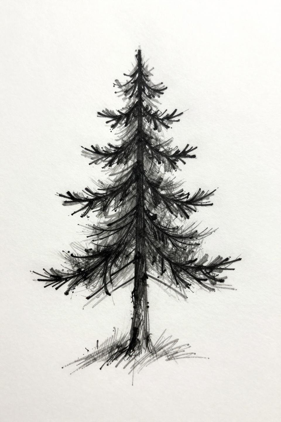 finger tattoos pine tree sketch raw style flash, loose gestural 0.3mm irregular strokes raw hand-drawn quality, three stacked triangular tiers decreasing width hairline trunk below