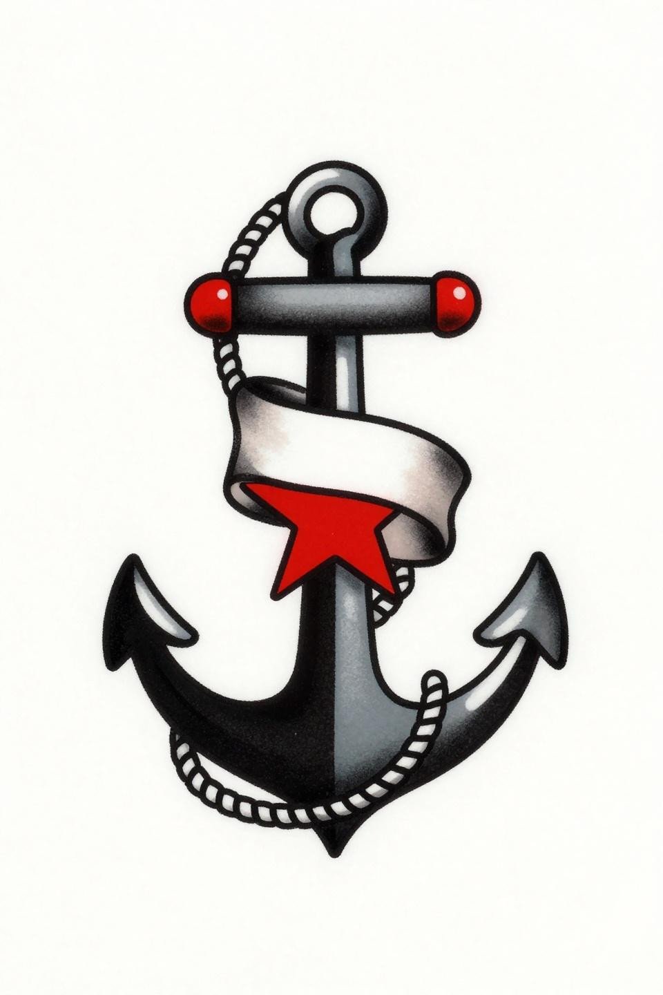 traditional American anchor tattoo flash, bold 2-3pt black outlines, flat crimson red fill, rope coil and barnacle texture, blank banner scroll on white paper