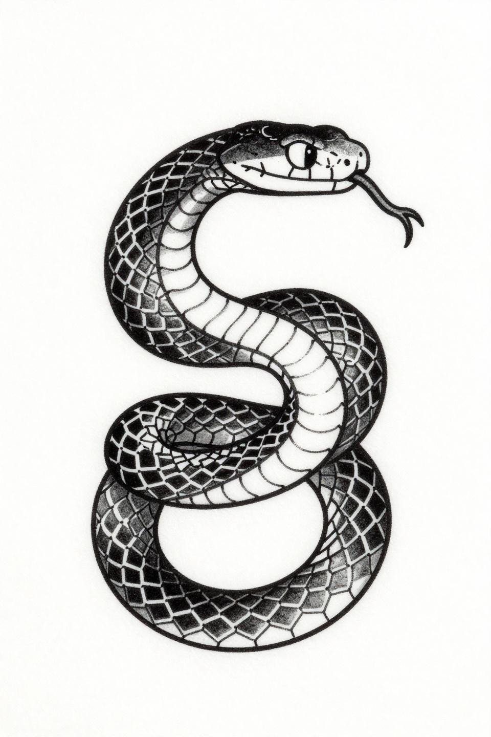 fine line ornamental snake tattoo flash, figure-eight coil, single needle 1RL hairline strokes, hexagonal scale texture, vertical slit pupil, open negative space, no fill on white paper
