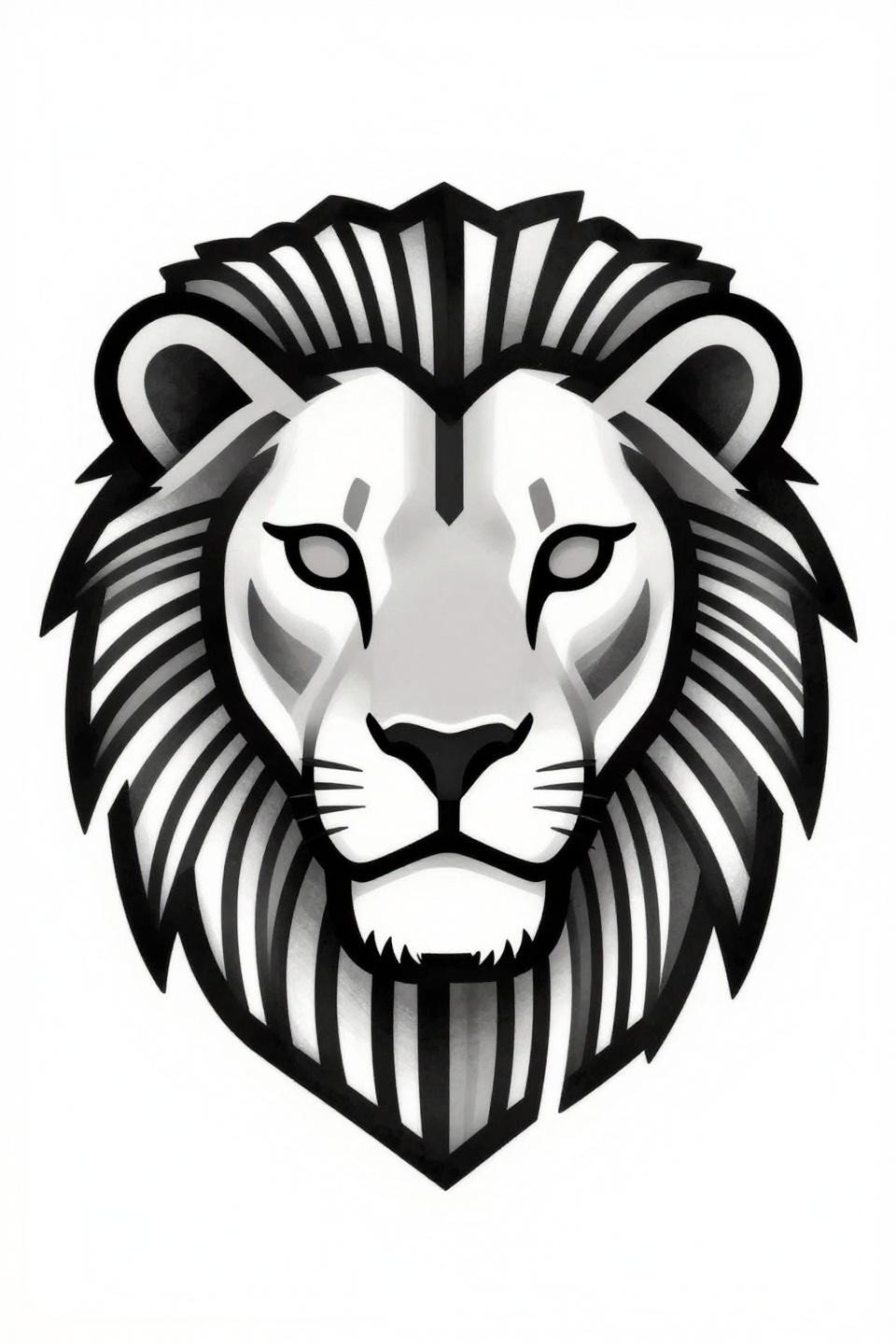 tribal geometric lion head tattoo flash, bold 2-3pt outlines, flat black fills, bilateral symmetry, parallel line mane, open white negative space, no grey wash on white paper