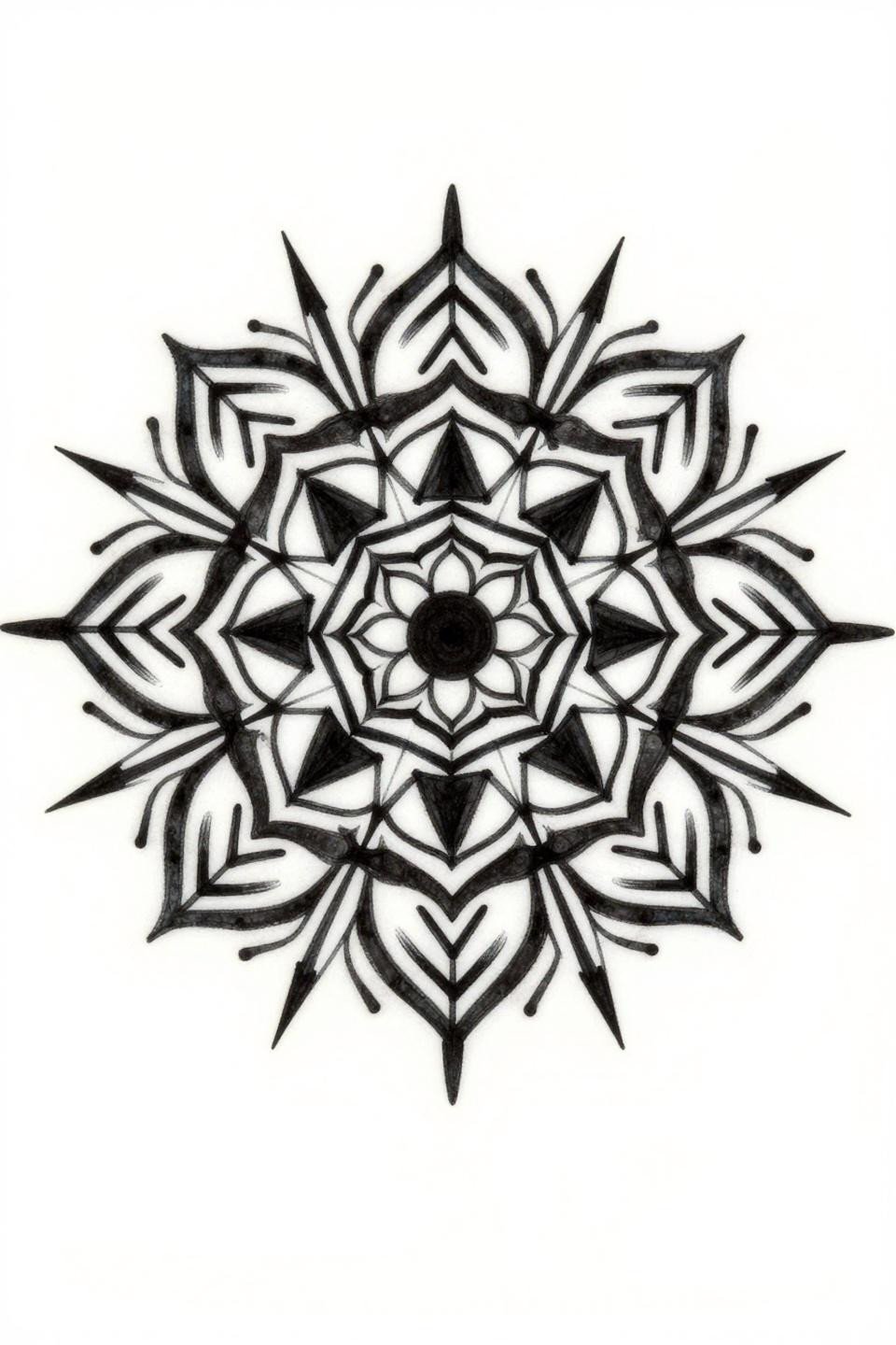 tribal geometric mandala tattoo flash, six-fold rotational symmetry, bold 2-3pt outlines, flat black fills, zero grey wash, interlocking hexagons and lotus petals on white paper