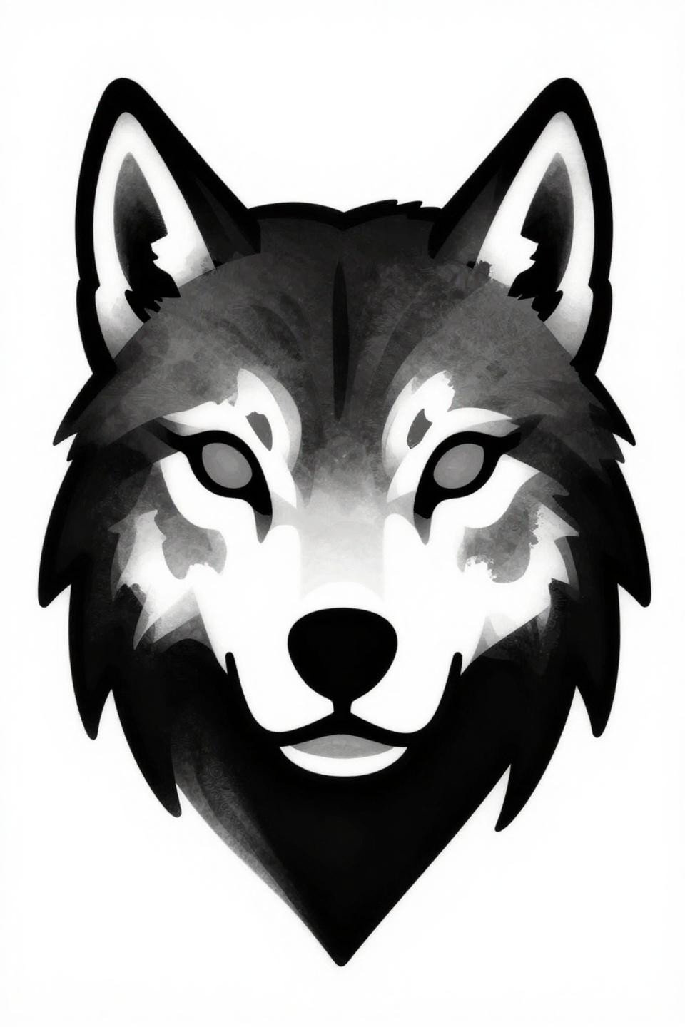 tribal geometric wolf head tattoo flash, bold 3pt outlines, flat black fills, bilateral symmetry, grey wash midtones, high contrast graphic silhouette on white paper