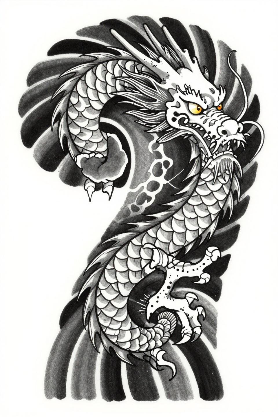 Japanese irezumi dragon tattoo flash, counterclockwise coil, crescent scale forms, bold 2-3pt outlines, flat grey wash fills, dorsal fin spine detail, diagonal asymmetric flow on white paper